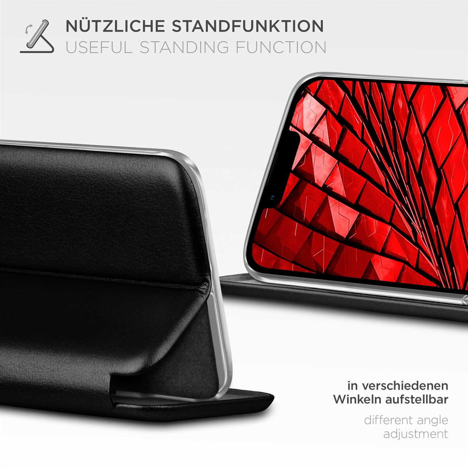 Eine schwarze Handyhülle mit einem roten Muster auf dem Bildschirm des Telefons, gezeigt in verschiedenen Winkeln.
