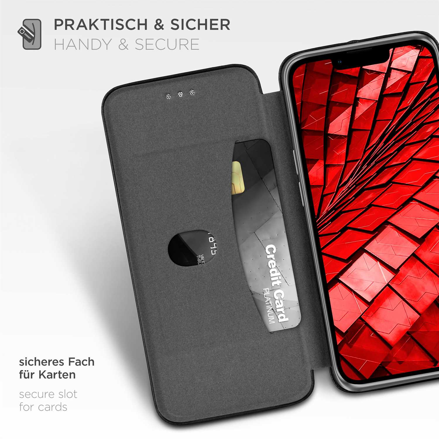 Handyhülle mit Kreditkartenfach. Kreditkarte sichtbar. Text: Praktisch & sicher. Sicheres Fach für Karten.