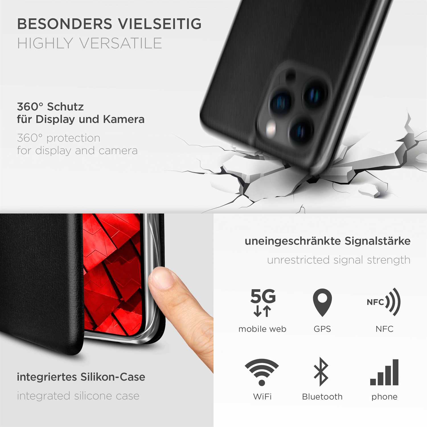 Handyhülle mit zerbrochenem Oberflächeneffekt. 5G, GPS, NFC, WLAN, Bluetooth und Telefonsymbole.