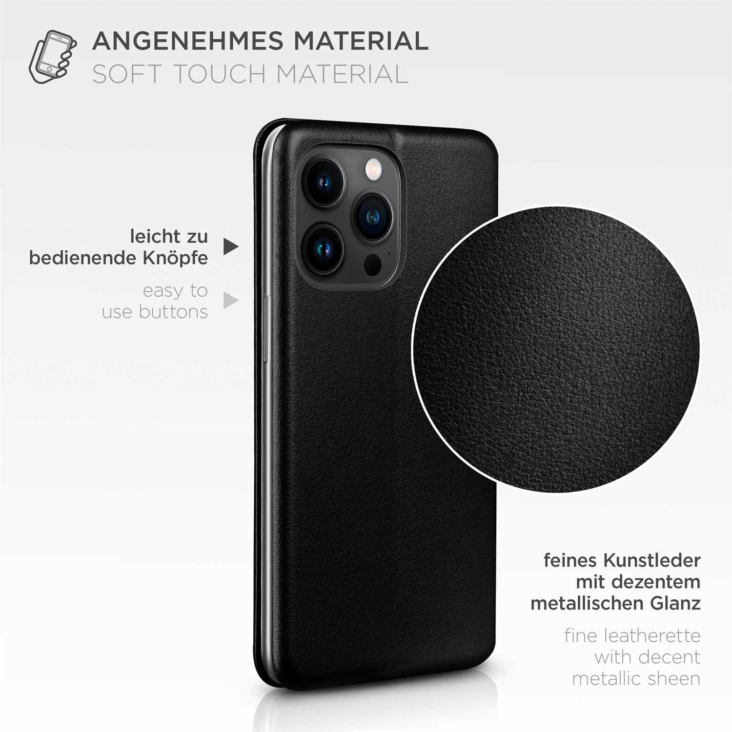 Schwarze Handyhülle mit Telefon. Text: weiches Material, einfach zu bedienende Tasten. Schwarzes Leder.