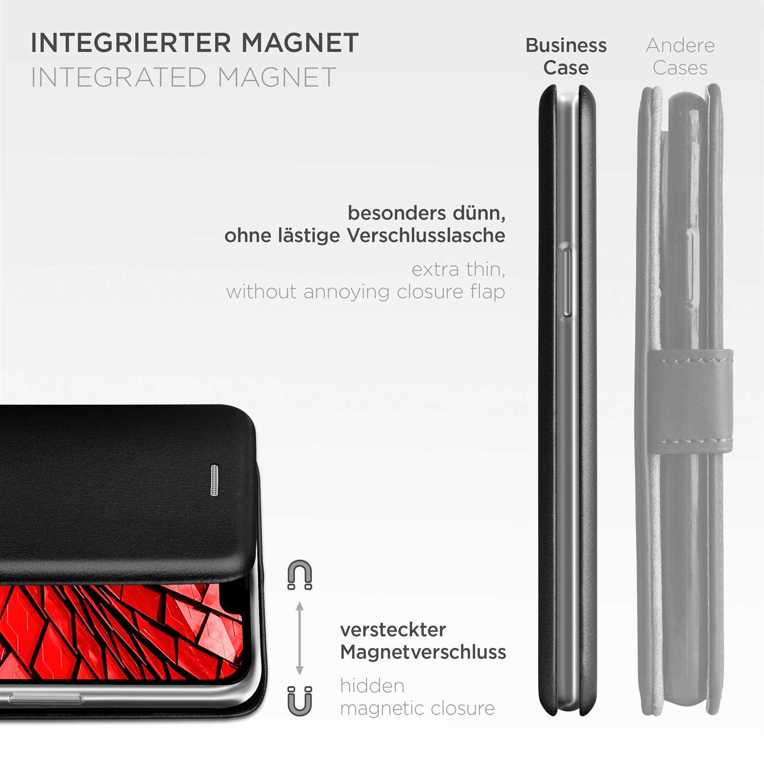 Schwarze Handyhülle mit roter Innenseite. Text: Integrierter Magnet.