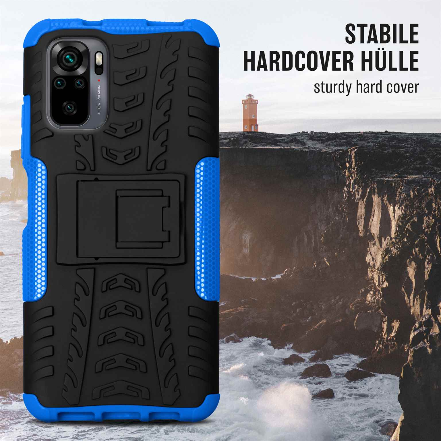 Schwarze und blaue Handyhülle mit Ständer, vor felsigem Hintergrund mit Leuchtturm.