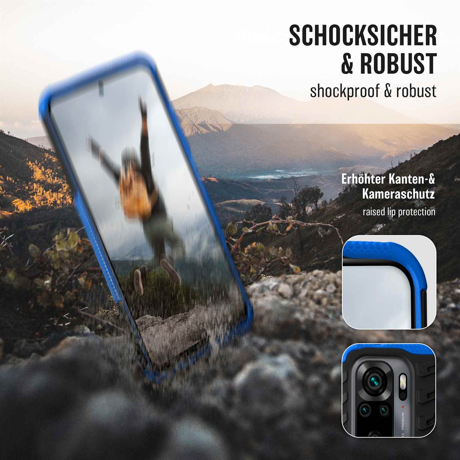 Blaue Handyhülle mit Bildschirmdarstellung, mit einem Hintergrund aus einer Bergkette und einer Person in Bewegung.