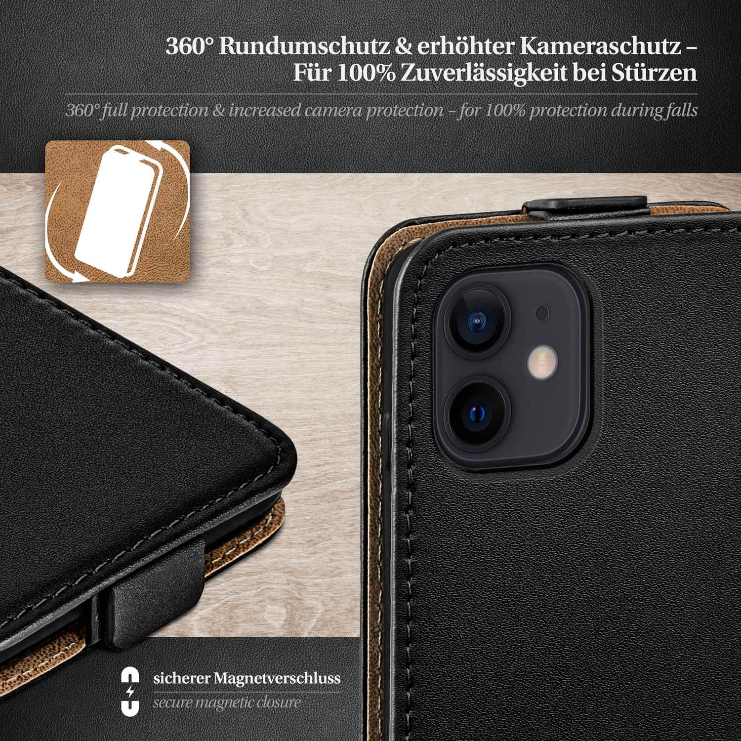 Schwarze Handyhülle. Text: 360° Rundumschutz. Schwarz und braun. Sicherer Magnetverschluss.