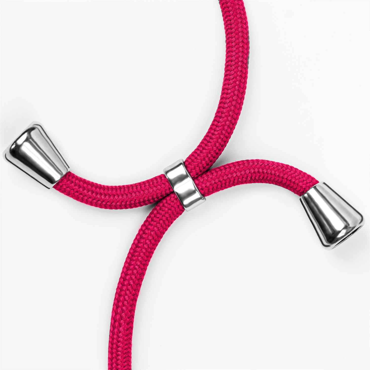 Nahaufnahme eines pinkfarbenen Handy-Lanyards mit silbernen Metallakzenten. Weißer Hintergrund.