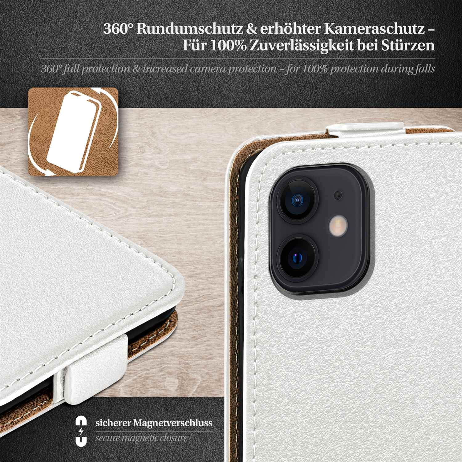 Weißes Handycase mit Kameraschutz. Text: 360° Rundumschutz.