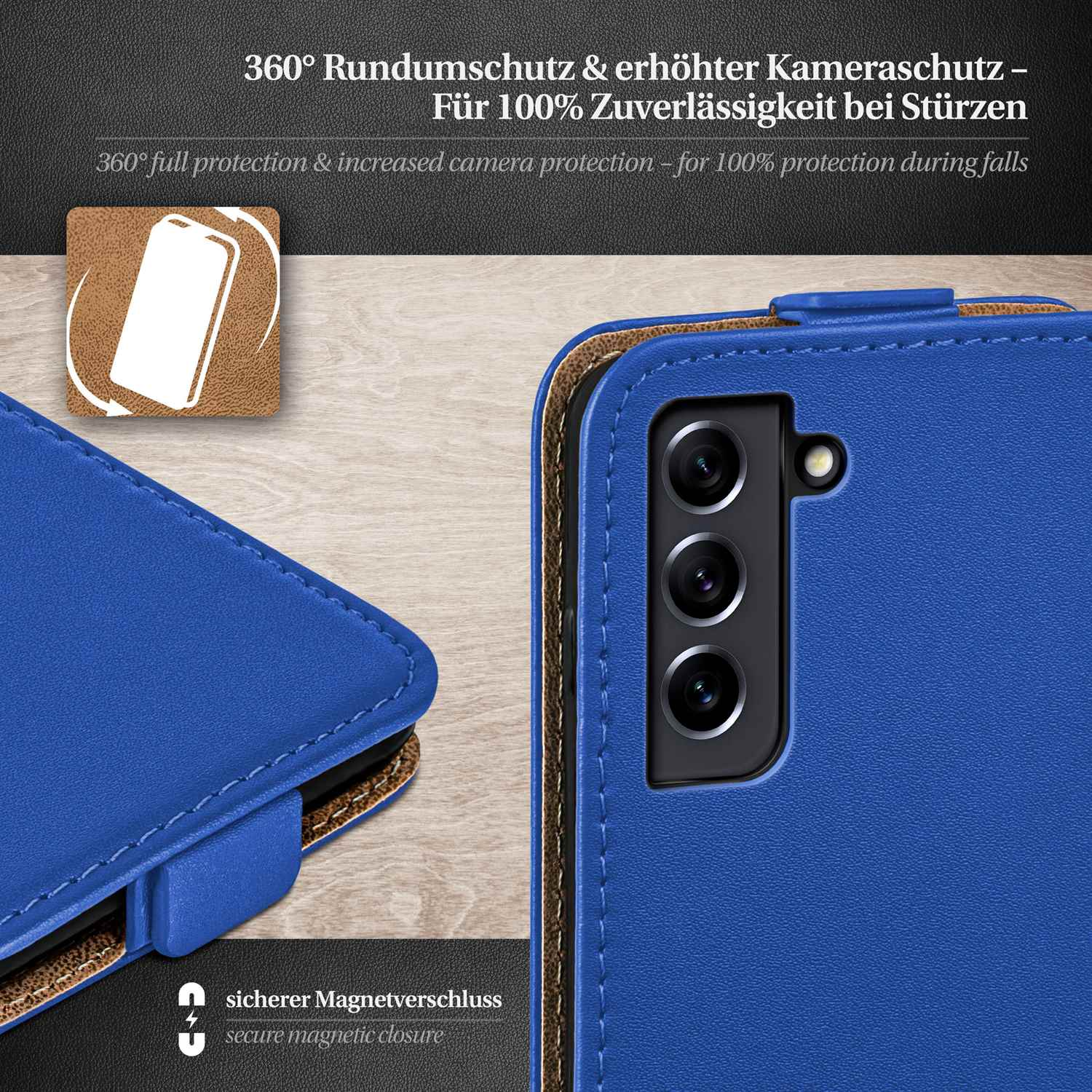 Blaue Handyhülle mit geöffneter Abdeckung. Text: „360° Rundumschutz & erhöhter Kameraschutz“.