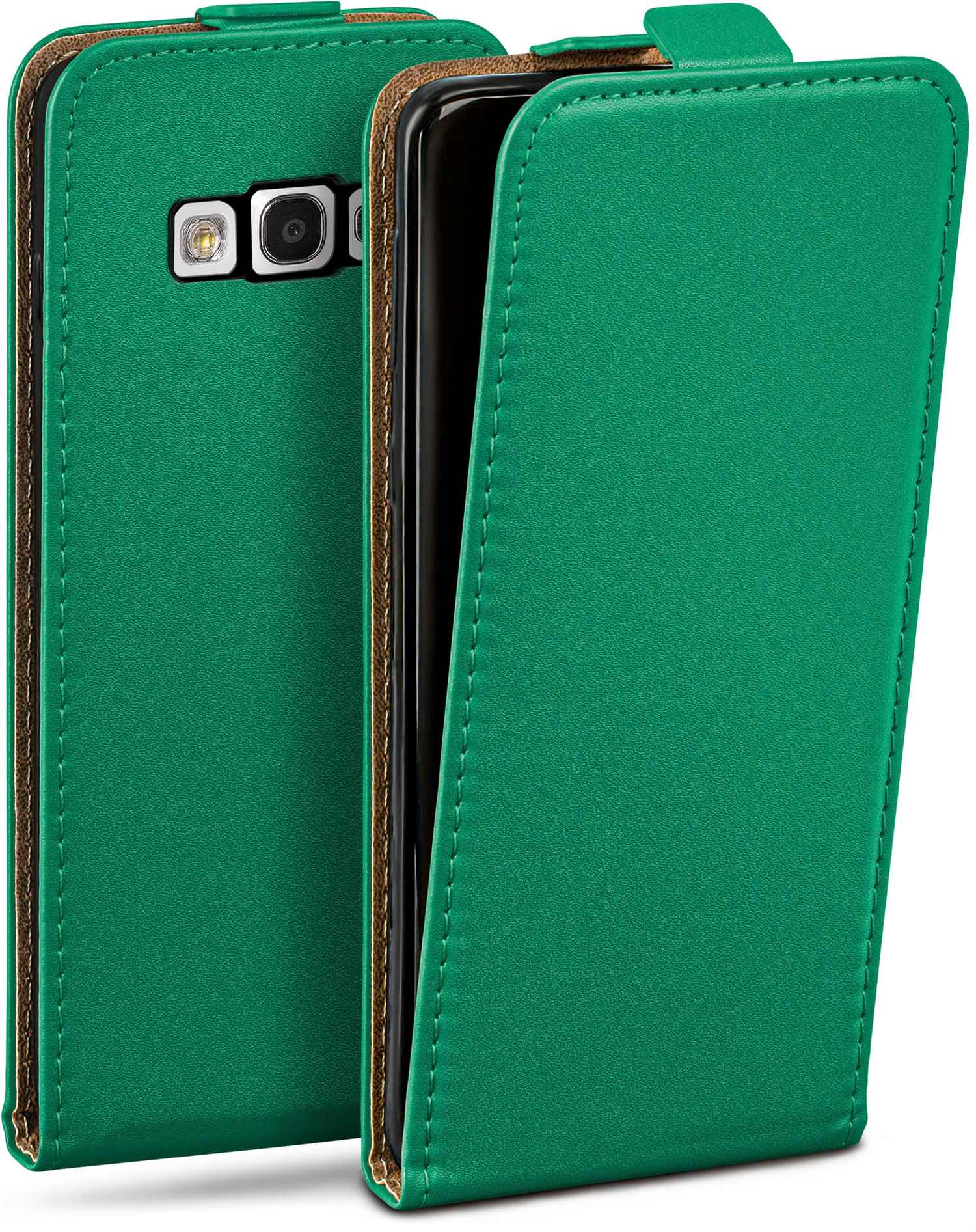 Grüne Handyhülle, offen, Telefon sichtbar. Brauner Rand innen.