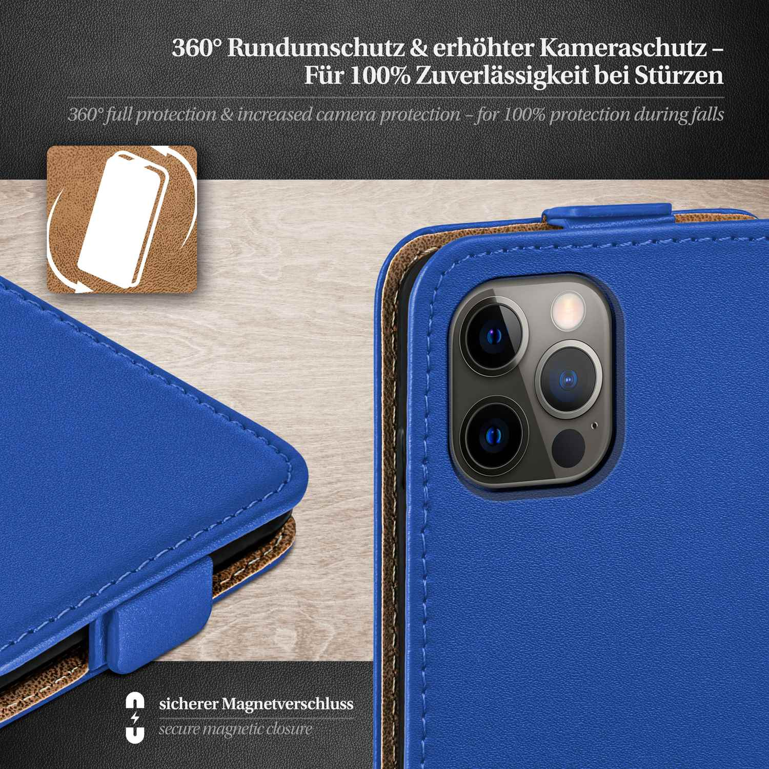 Eine blaue Handyhülle mit Telefon. Magnetverschluss und Kameraschutz.