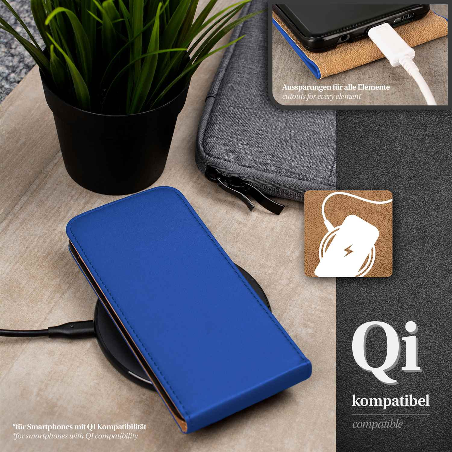 Blaue Handyhülle auf einem Ladepad. Das Ladepad ist schwarz. Es wird auch ein Telefon gezeigt.