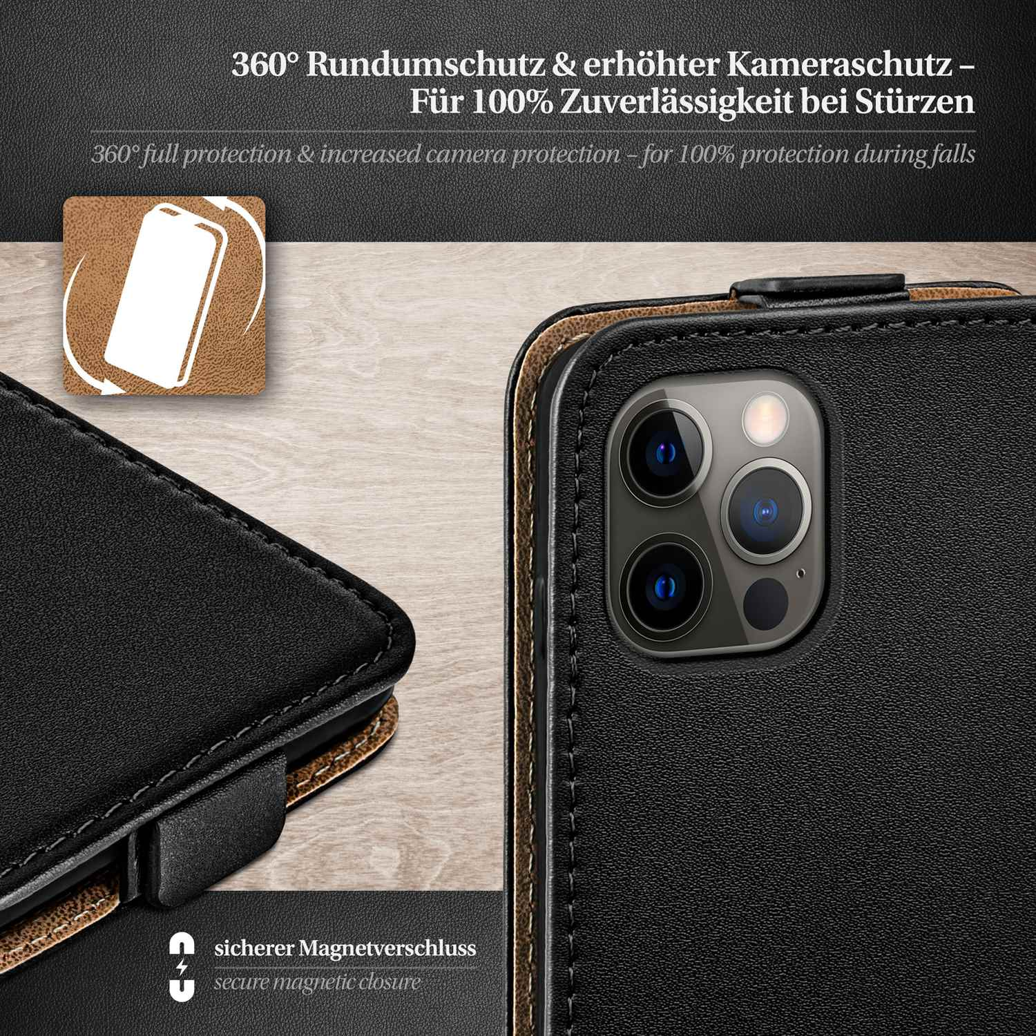Schwarze Leder-Handyhülle mit schwarzem Telefon. Es gibt einen weißen Text, der besagt: 'sicherer Magnetverschluss'.