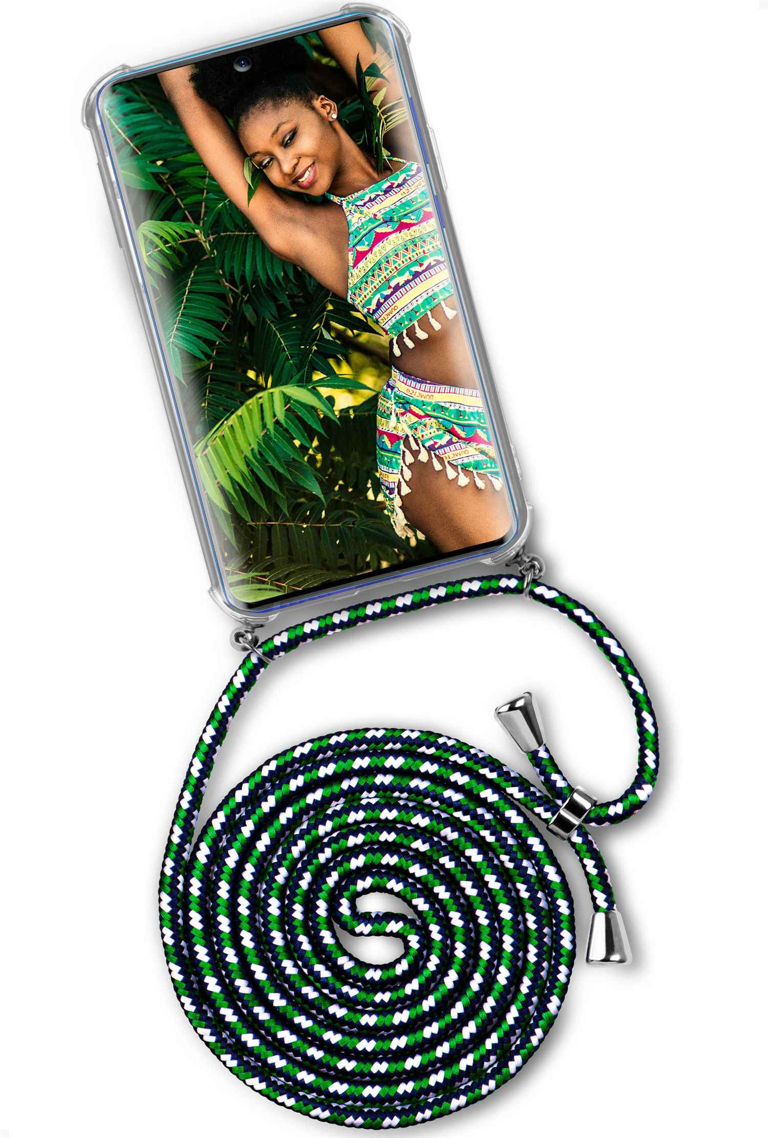 Telefon mit Bild einer Frau. Grün-schwarz-weißer Gurt.
