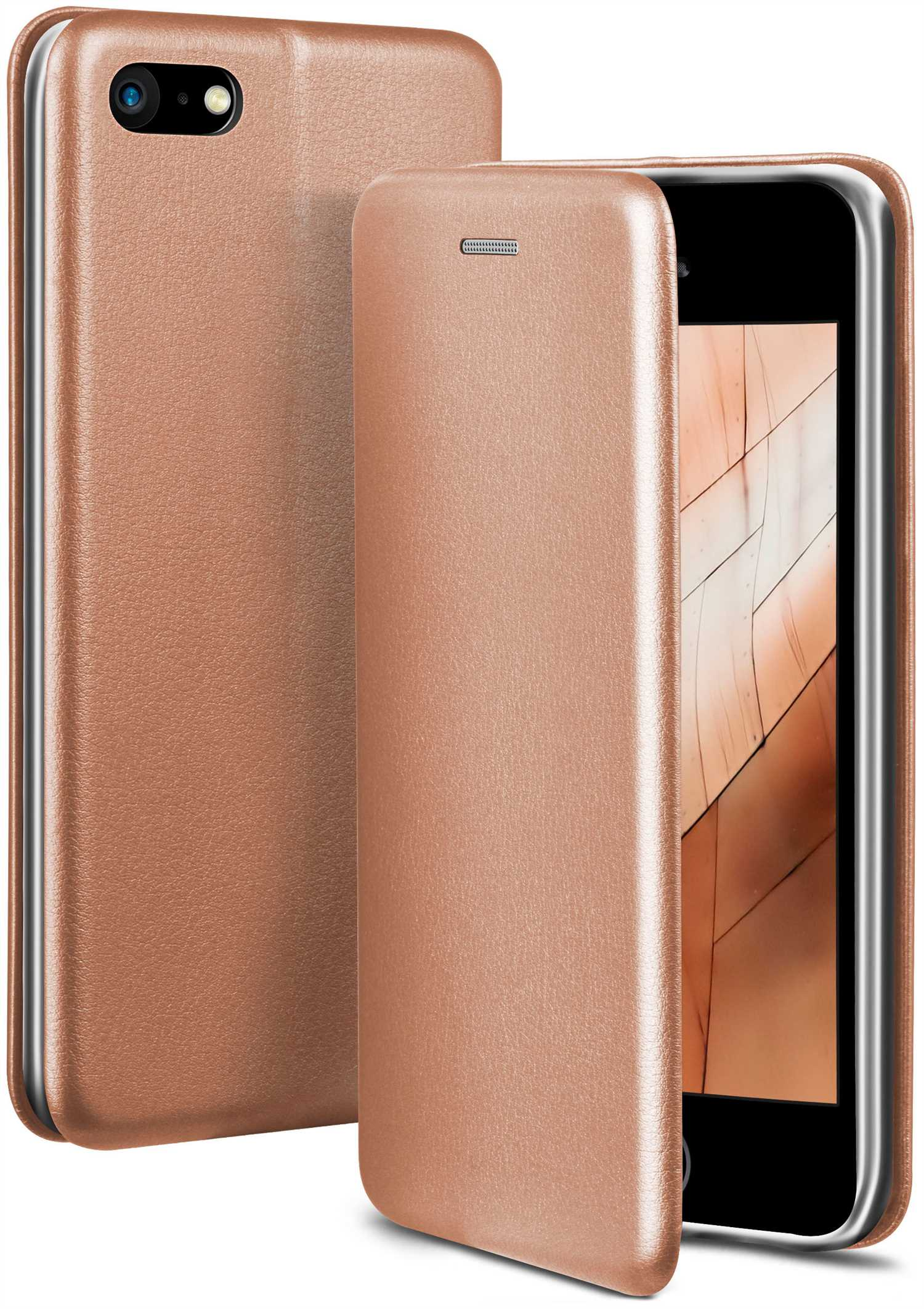 Roségold Handyhülle, geöffnet. Lederartige Hülle. Das Telefon hat eine Kamera.