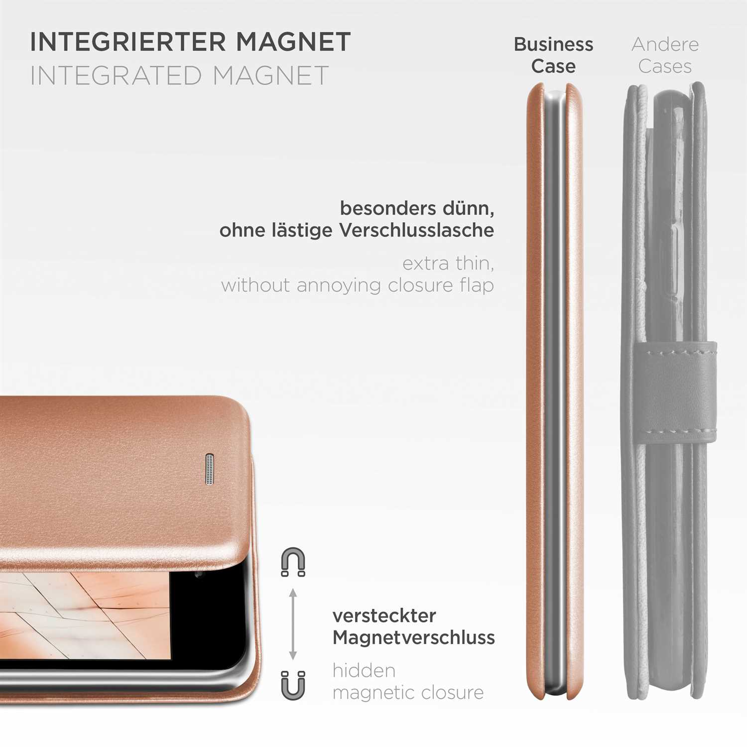 Eine roségoldene Handyhülle mit Text, der Funktionen wie einen integrierten Magneten beschreibt.