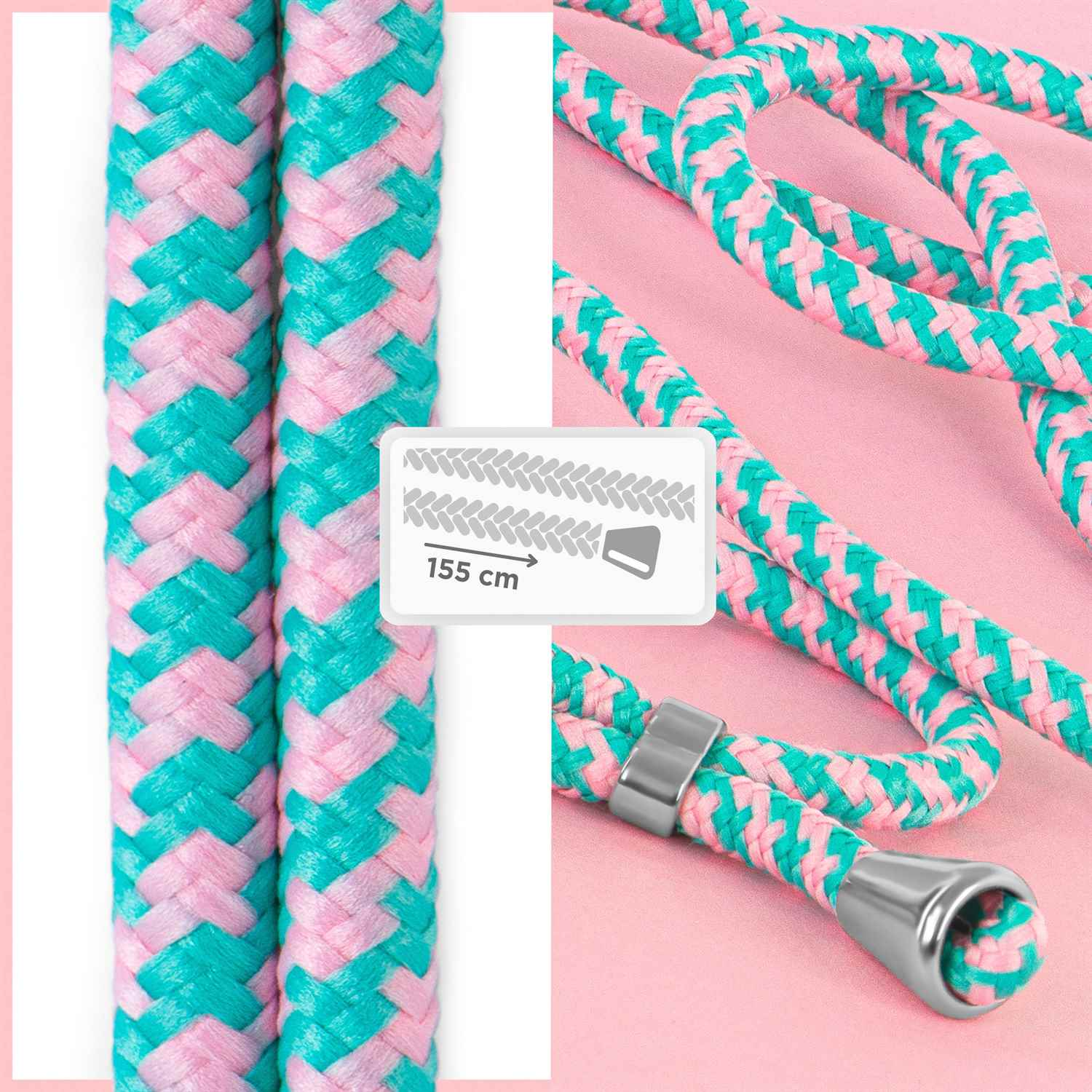 Pink-tealfarbener Handyriemen. Geflochtenes Kordeldesign. 155 cm Länge. Rosa Hintergrund.