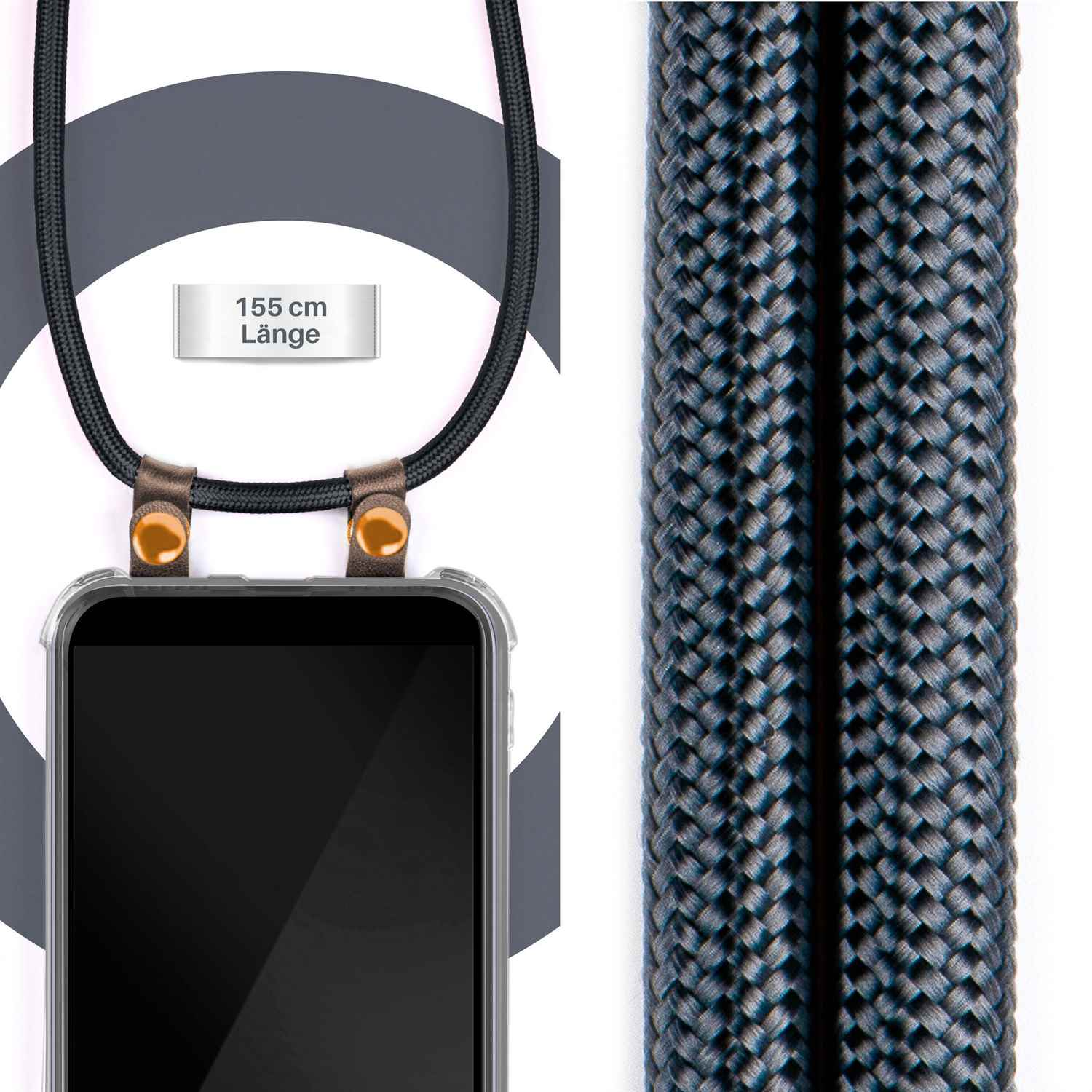 Telefon mit schwarzem Bildschirm und blau-schwarz geflochtenem Kabel. Ein Etikett zeigt 155 cm Länge.