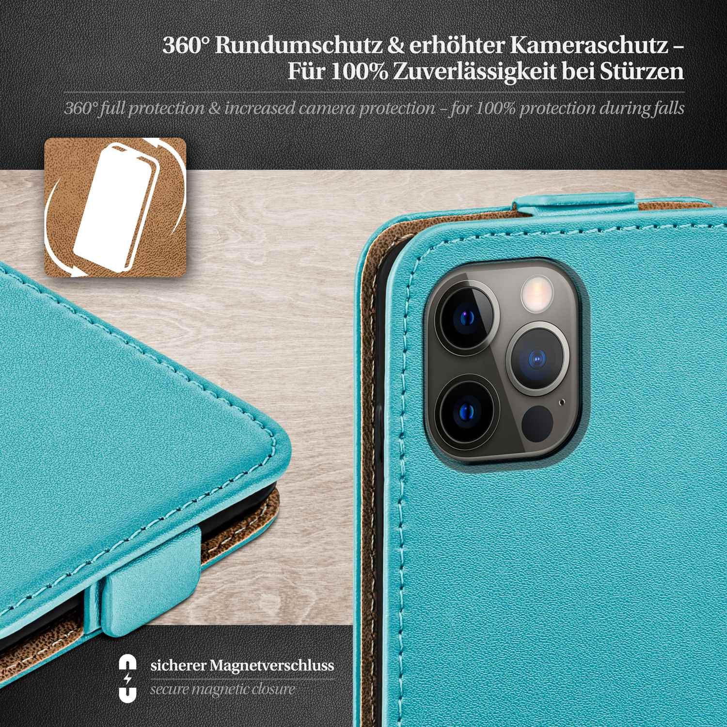Handyhülle mit blauem Bezug. Text: 360° Rundumschutz & erhöhter Kameraschutz.