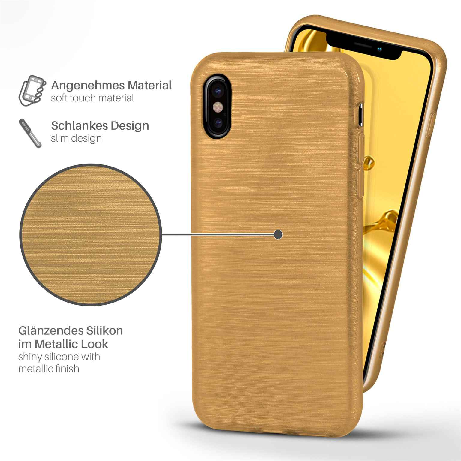 Eine goldene Handyhülle mit Telefon. Metall-Look und Silikon.
