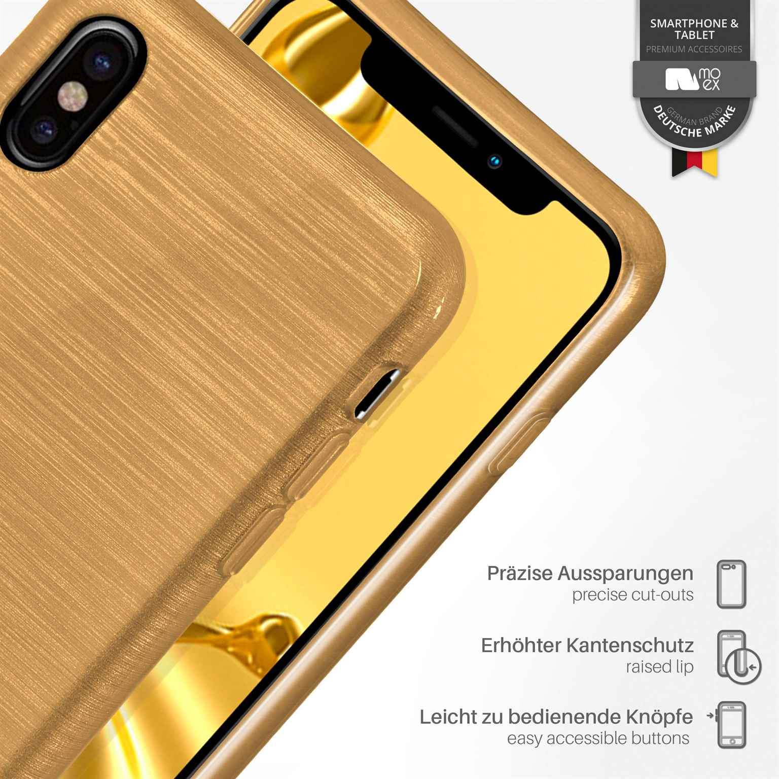 Goldene Handyhülle mit Aussparungen und erhöhtem Rand. Text: Präzise Aussparungen, erhöhter Rand, einfache Knöpfe.
