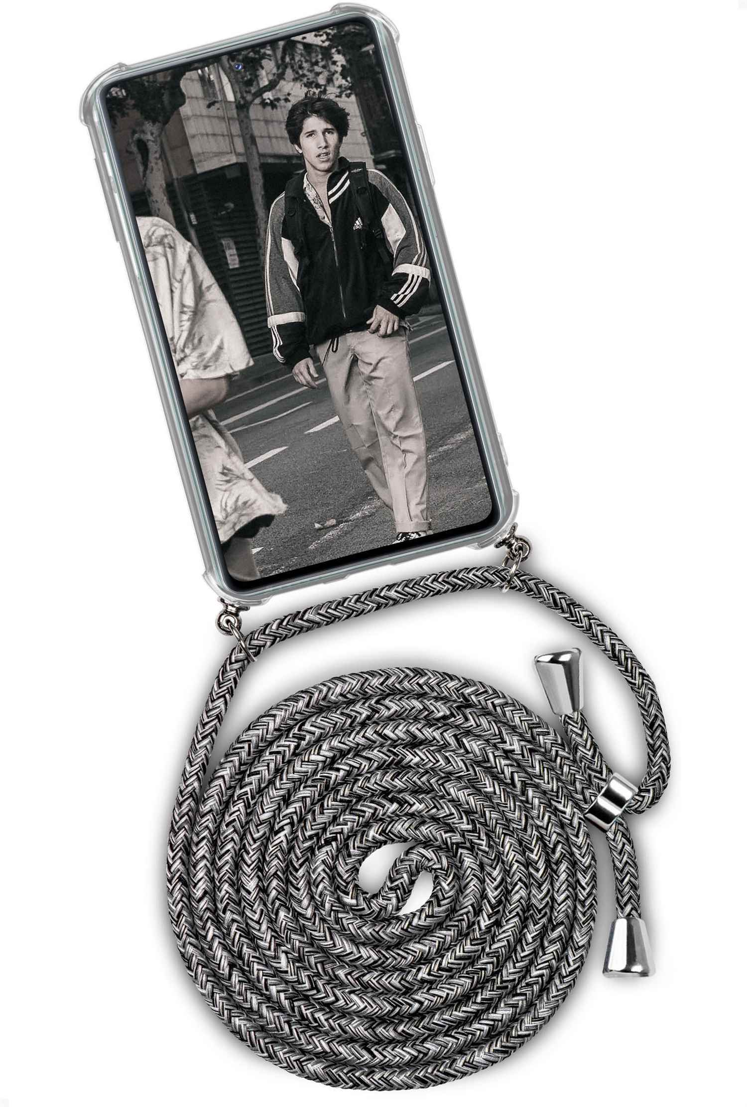 Telefon mit Foto eines Mannes, grauer Kordelriemen mit silbernen Akzenten.