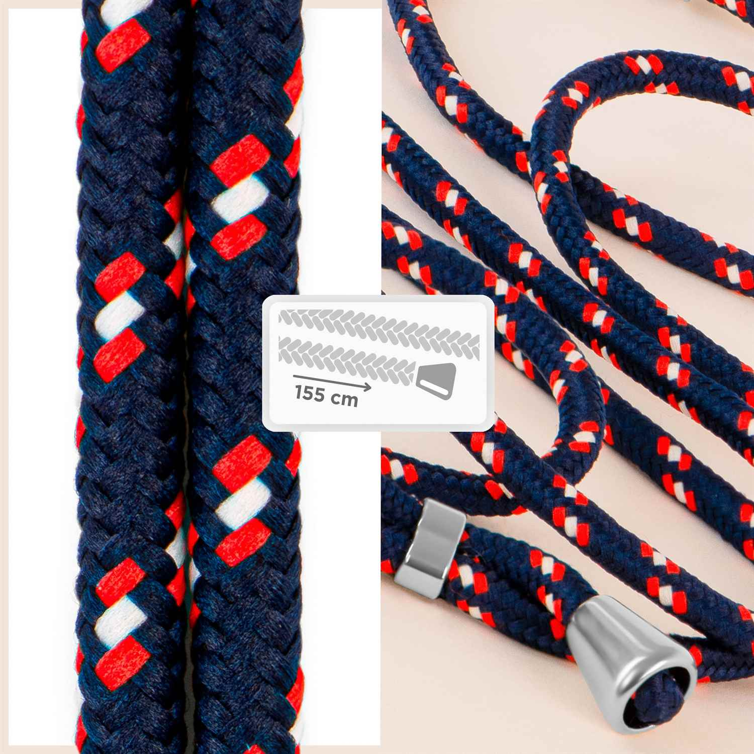 Nahaufnahme eines blauen Telefonbands mit roten und weißen Details. Silberner Stecker, weißer Hintergrund und 155 cm Etikett.
