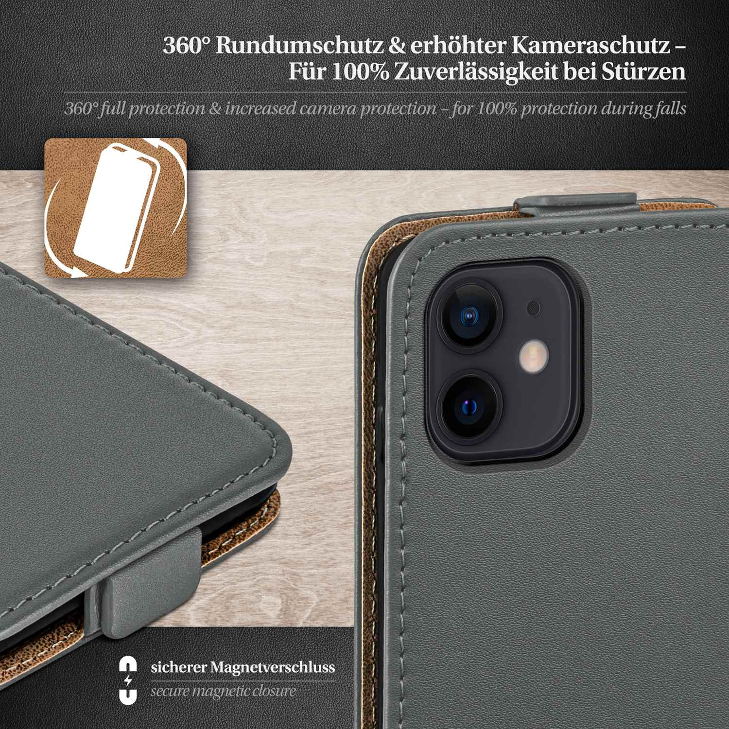 Handyhülle mit grauem Leder und Text '360° Rundumschutz & erhöhter Kameraschutz'. Auf weißem Hintergrund.