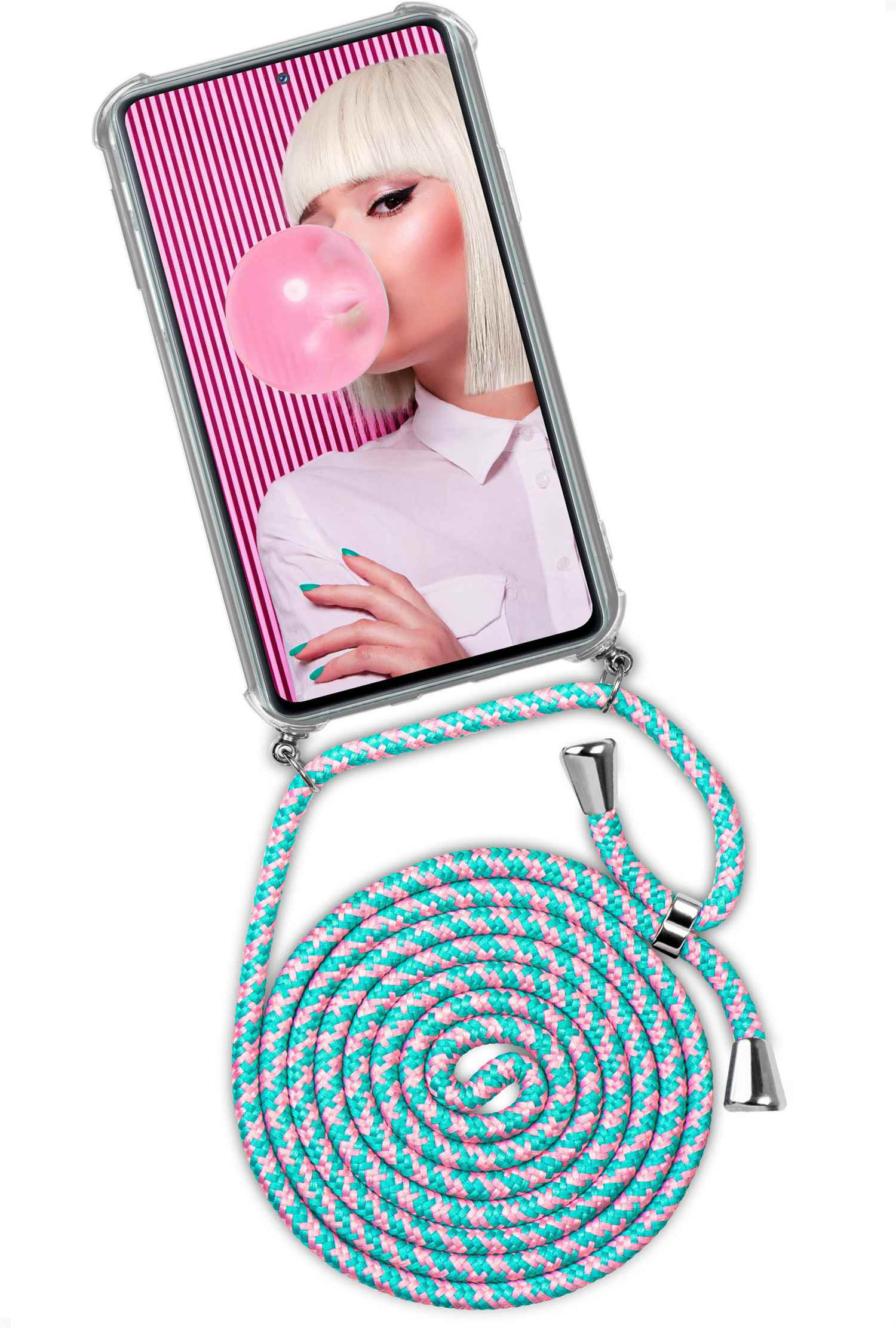 Telefon mit Frau, die eine Blase bläst, blaues und pinkes Lanyard.