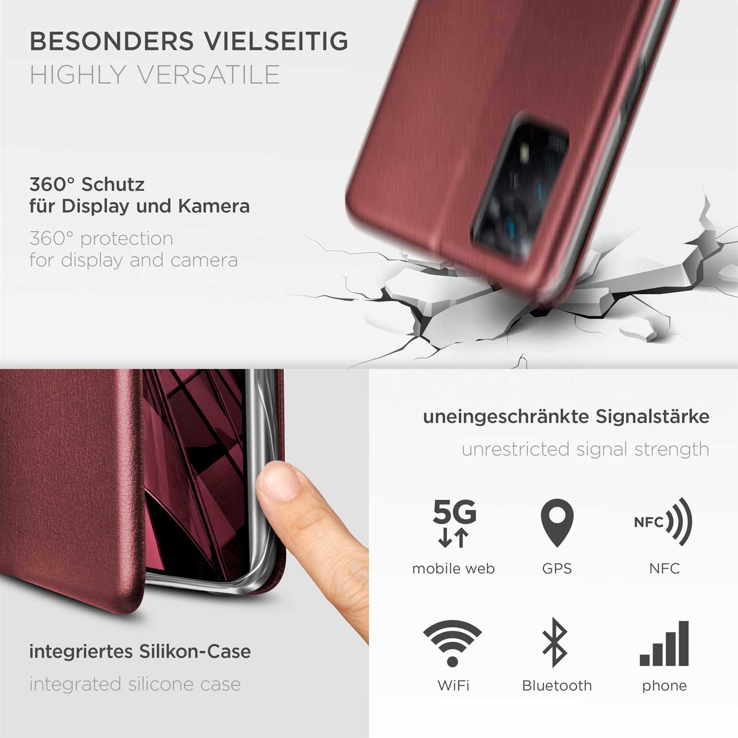 Rote Handyhülle mit 5G, GPS, NFC, WLAN, Bluetooth und Signalstärke.