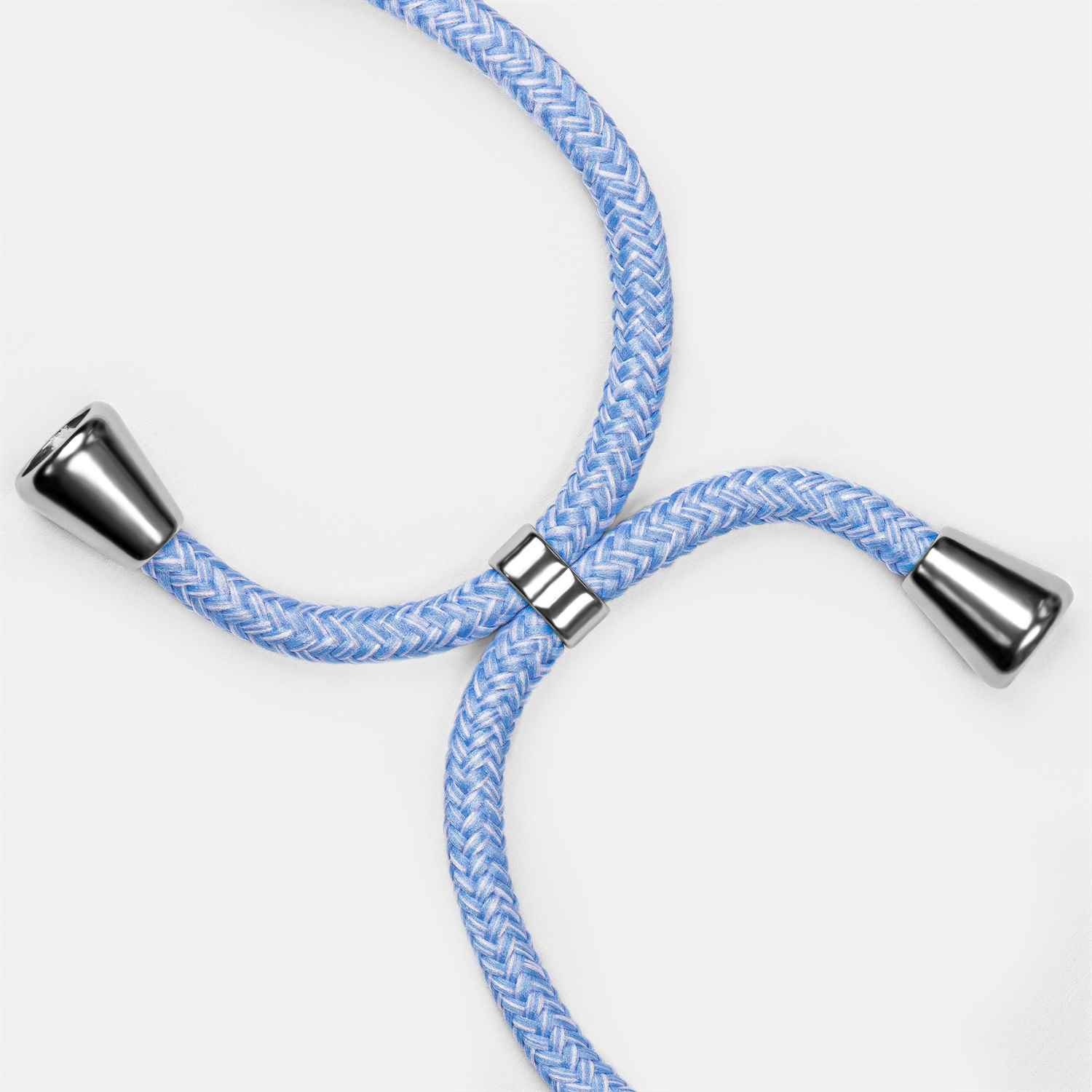 Nahaufnahme eines blauen Telefonkabels. Silberne Metalldetails. Kabel ist blau und weiß.