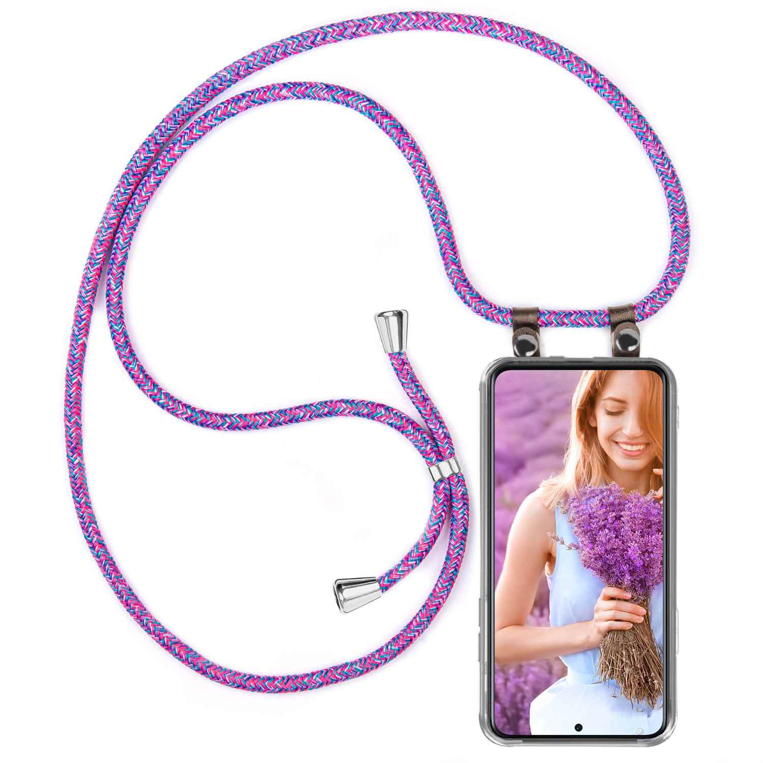 Telefon mit Dame und lila Blumen, verbunden mit einem rosa-blauen Seil.