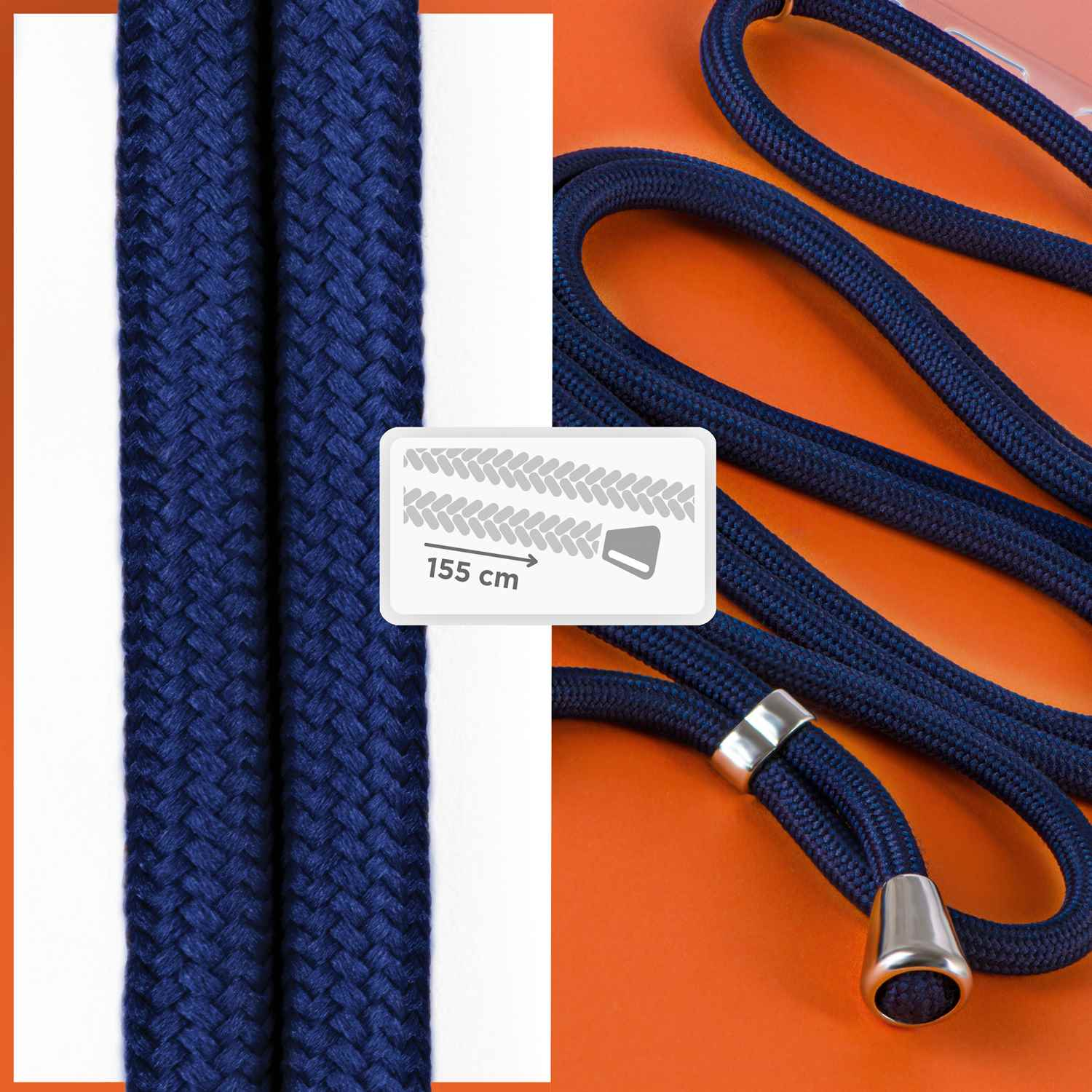 Nahaufnahme eines blauen geflochtenen Telefonkabels, mit einem weißen Rechteck, das 155 cm und einen grauen Pfeil zeigt.