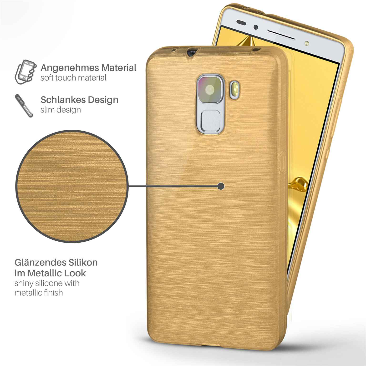 Goldene Handyhülle mit Telefon. Metallischer Look. Text unten. Weißer Hintergrund.