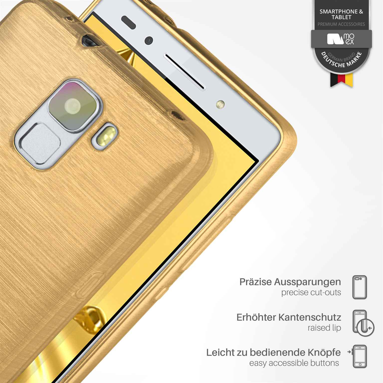 Goldene Handyhülle mit Telefon. Logo oben rechts, Text darunter.