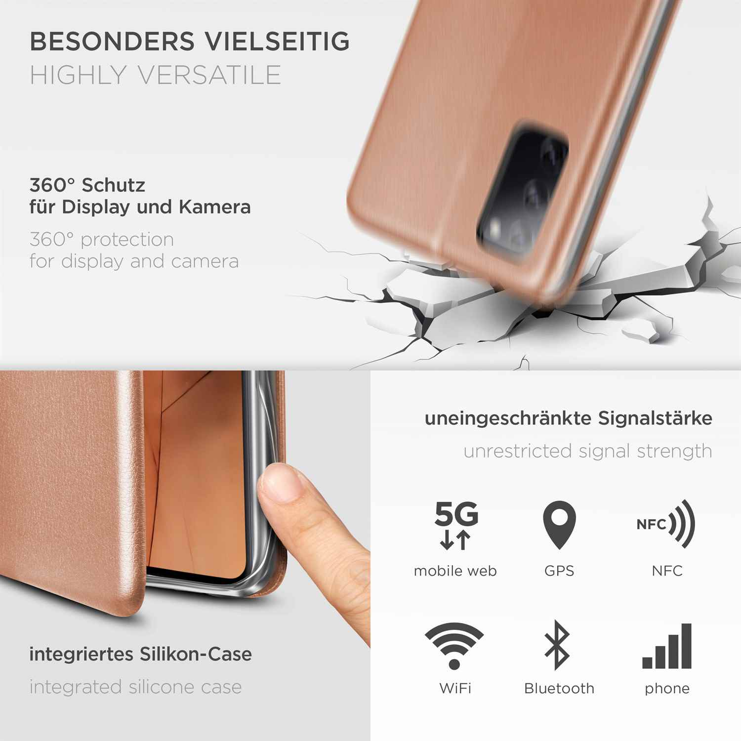 Eine Handyhülle mit 5G-, GPS-, NFC-, WLAN-, Bluetooth- und Telefonsignalstärke-Symbolen. Rissiger Boden.