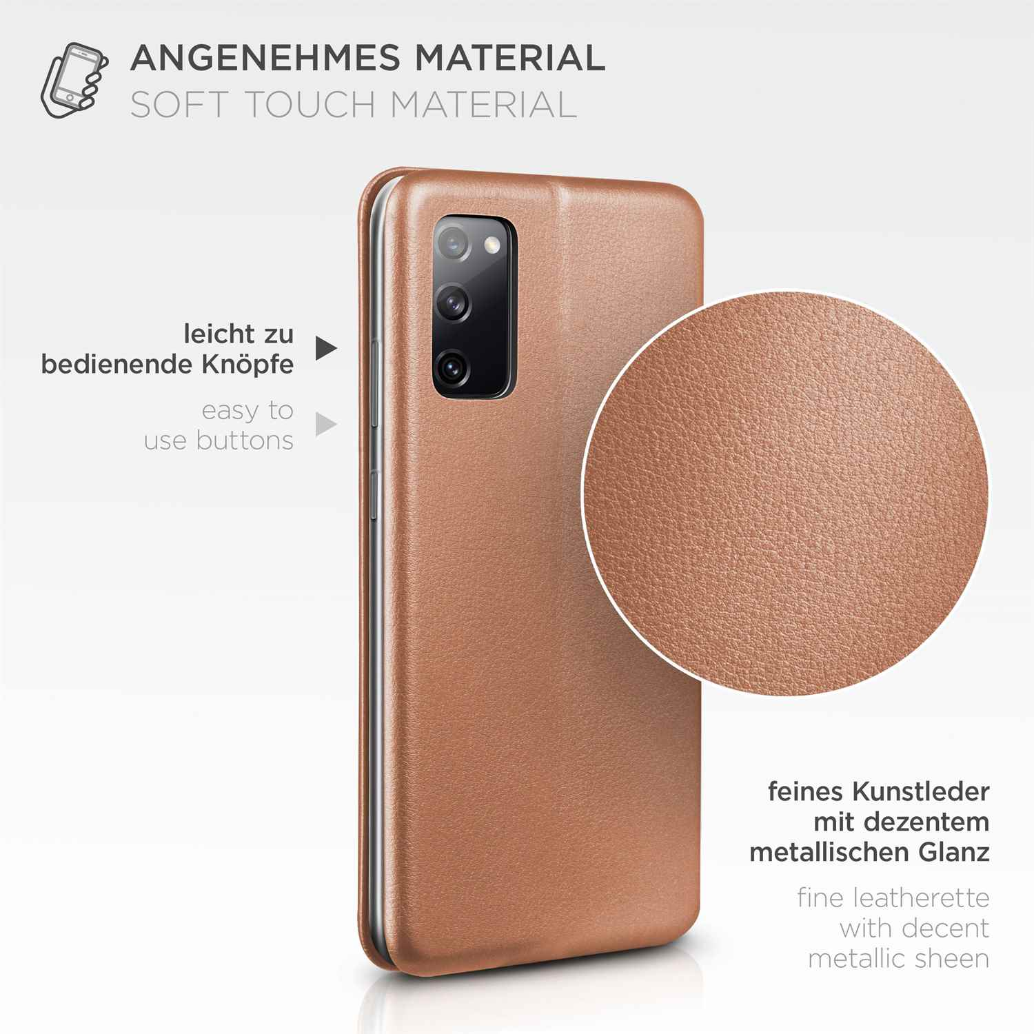 Braune Handyhülle mit metallischem Glanz. Sie wird mit einer Nahaufnahme der Textur und Knöpfe angezeigt.