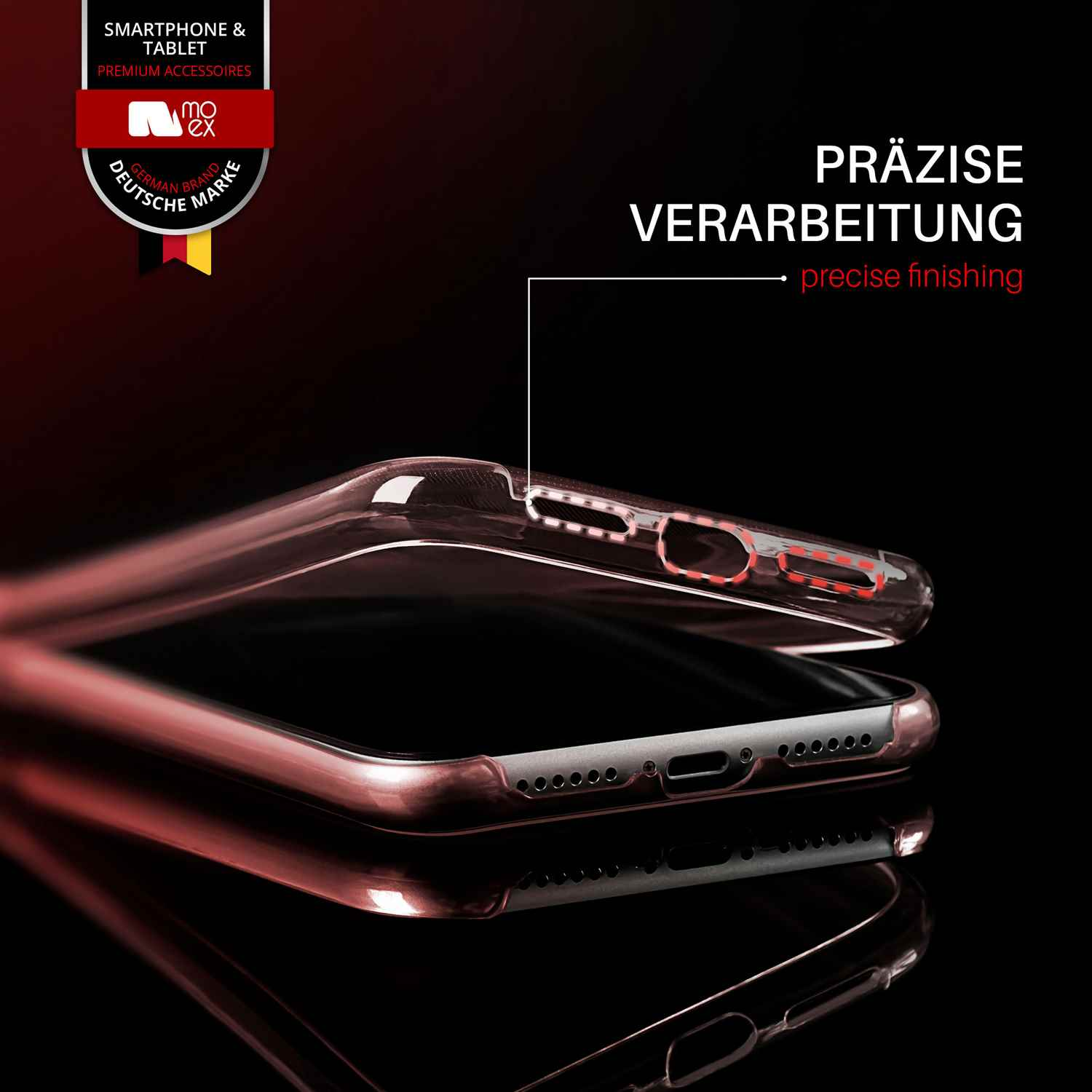 Zwei Handyhüllen, eine offen. Text: Präzise Verarbeitung. Schwarzer Hintergrund mit Logo.