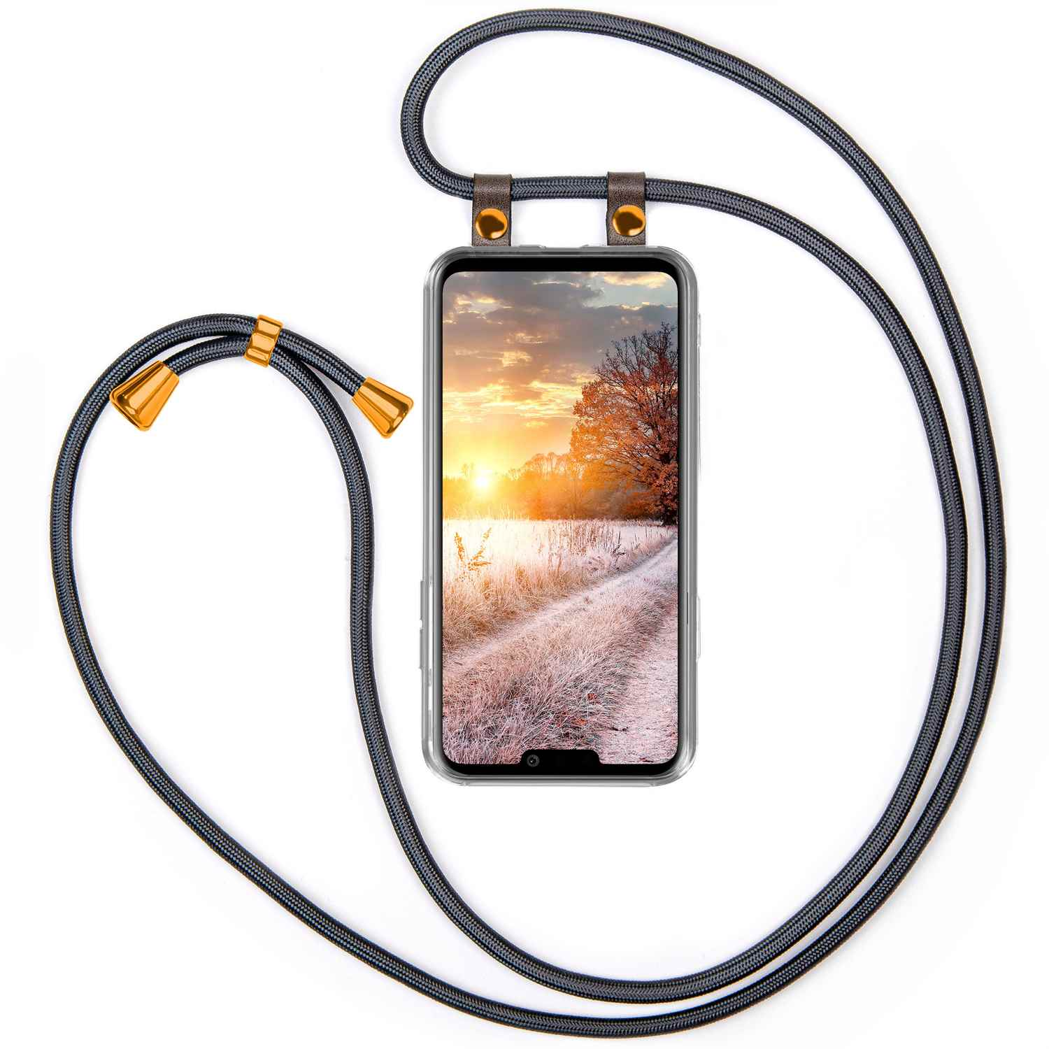 Handyhülle mit grauem Kordel. Telefon zeigt Landschaft mit Straße und Sonnenuntergang.