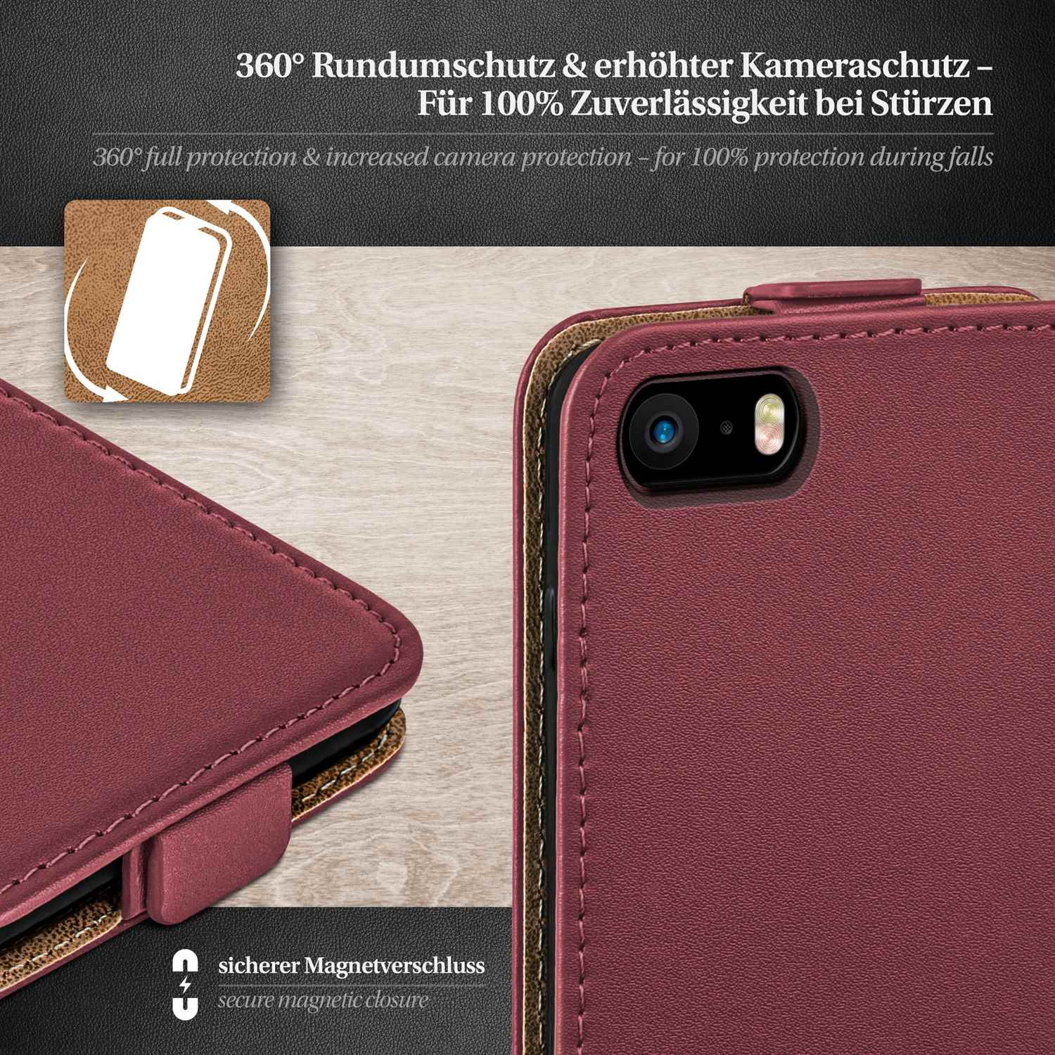 MOEX Flip Maroon-Red iPhone Case, SE Generation Apple, 1. Cover, (2016), Flip