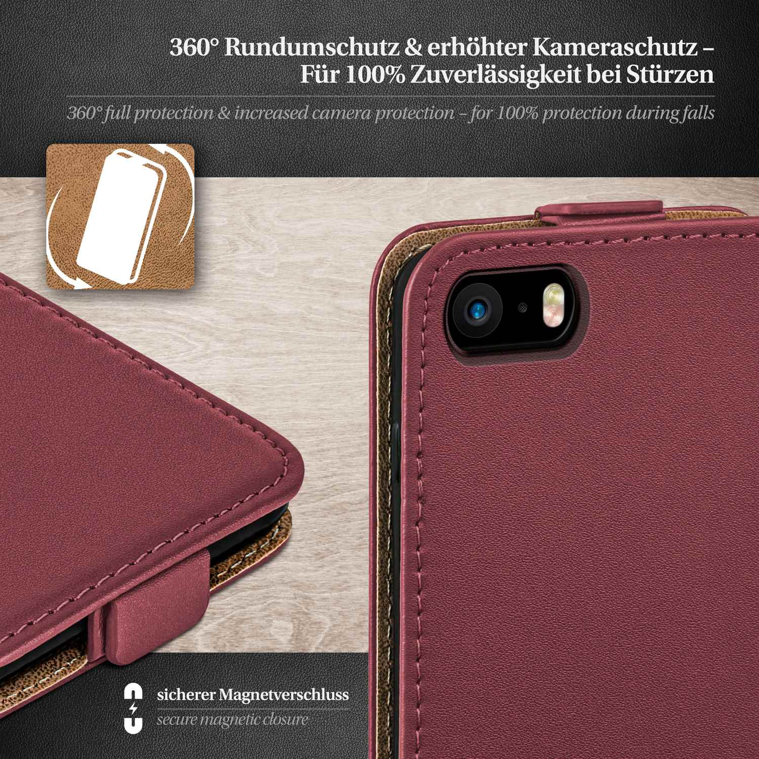 Burgunderfarbenes Handycase mit 360° Schutz und sicherem Magnetverschluss. Kameraschutz.