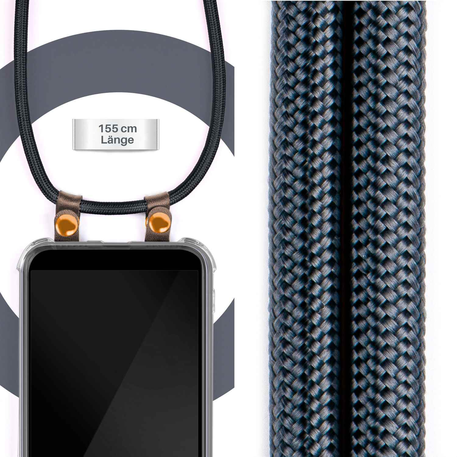 Nahaufnahme von Telefon mit Hülle an einem Schlüsselband. Schwarzes Kabel. Handyhülle mit Lederdetails.