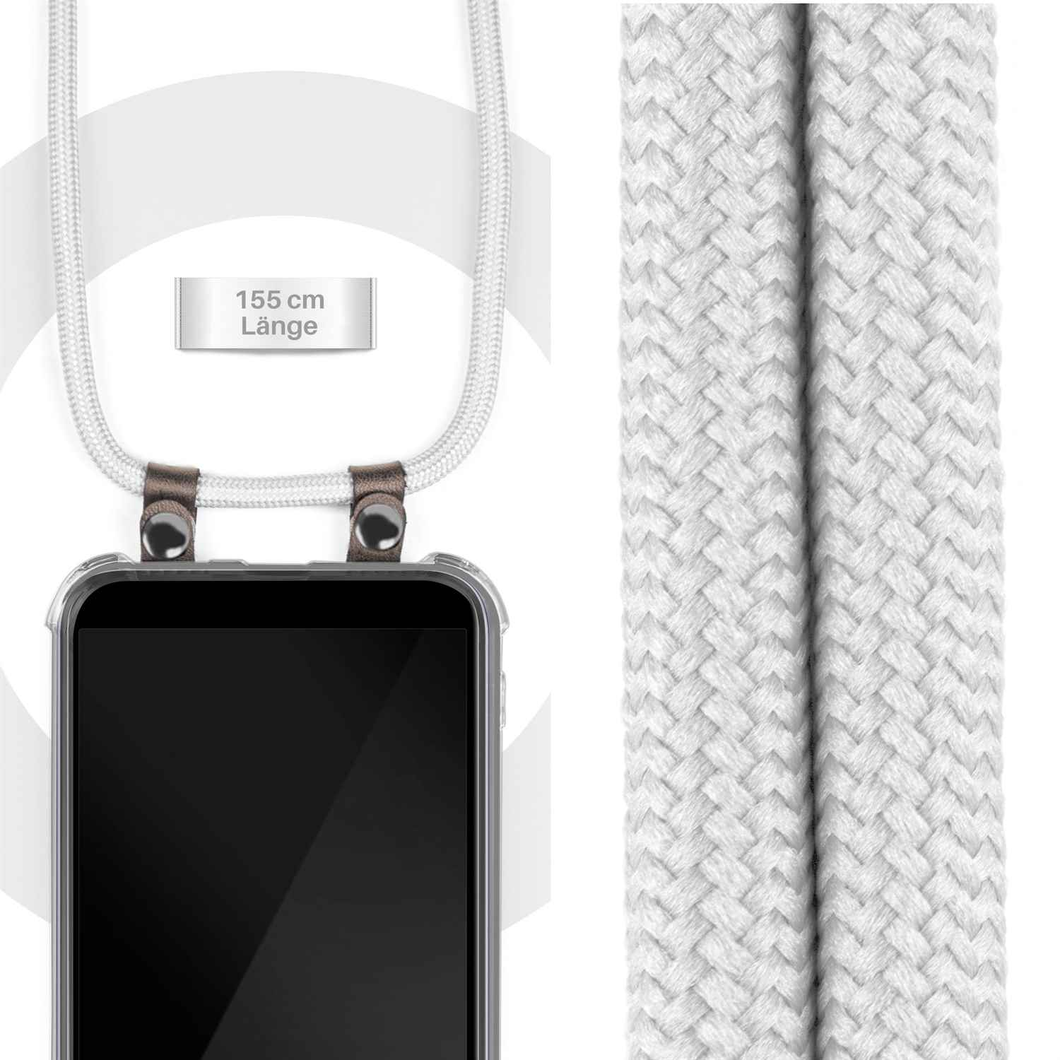 Weißes geflochtenes Telefon-Lanyard mit schwarzem Telefon und zwei braunen Lederclips.