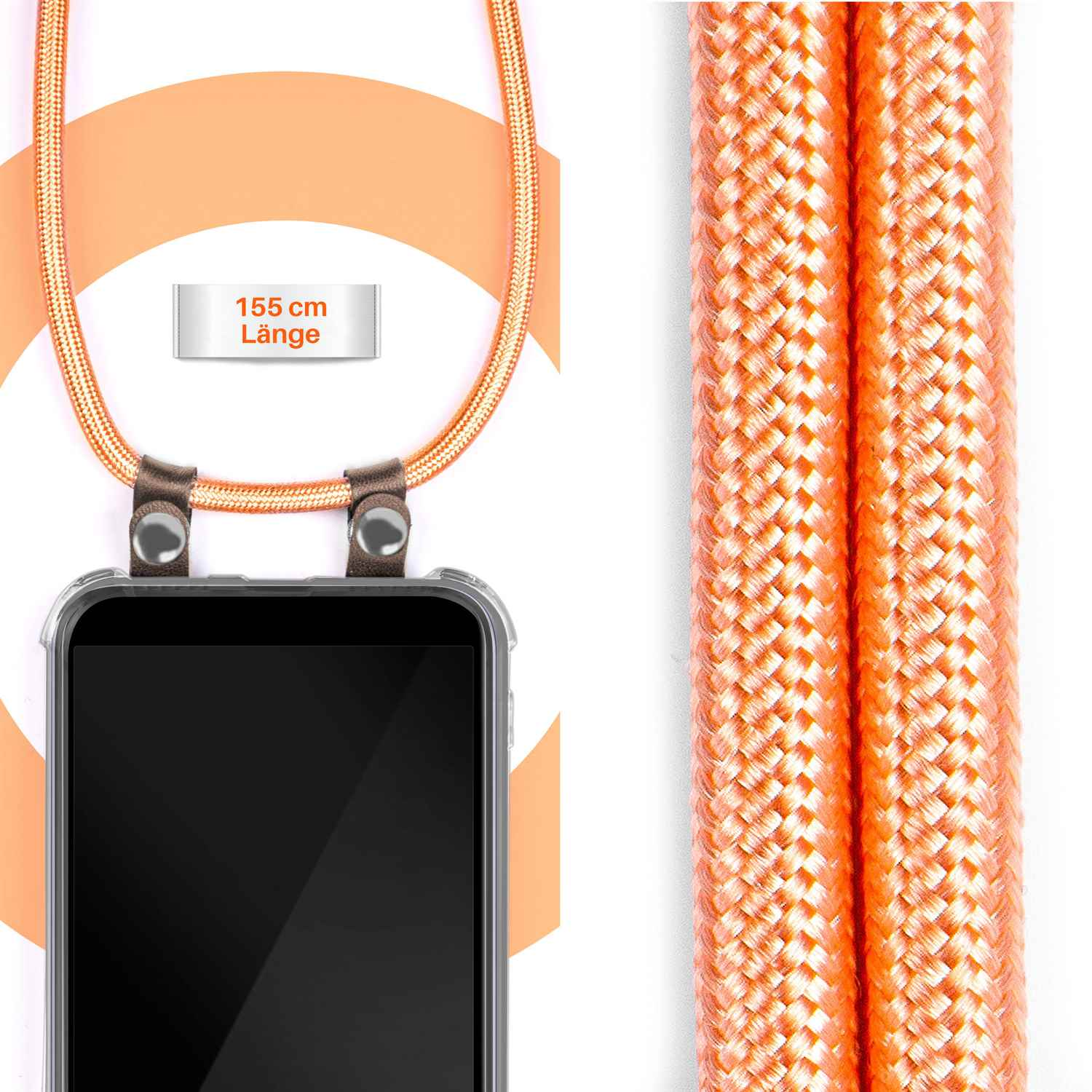 Handyhülle mit orangefarbenem Seilband. Weißer Hintergrund. Text: 155 cm Länge.
