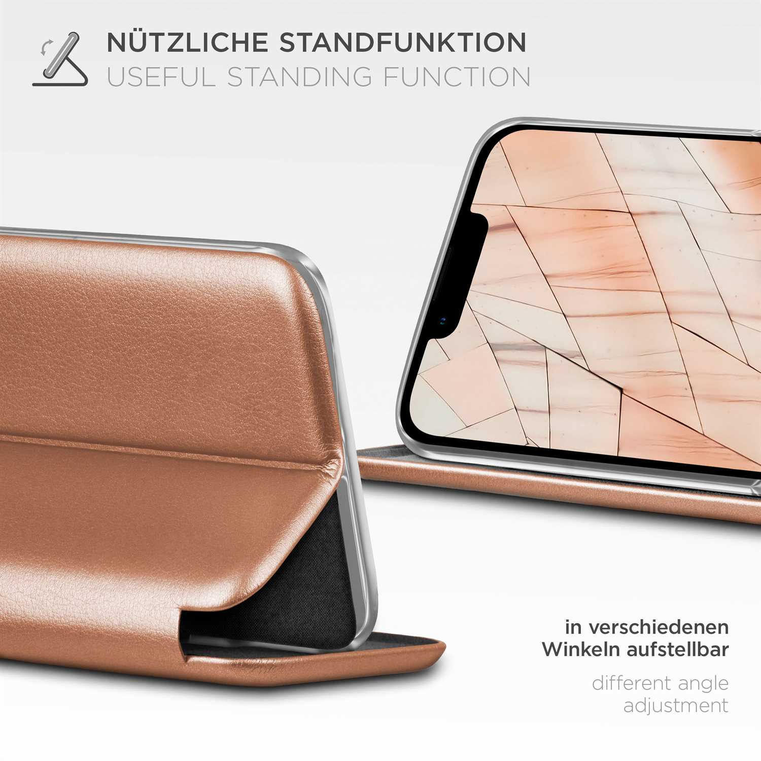 Handyhülle mit Ständerfunktion, in verschiedenen Winkeln, aus braunem Material.