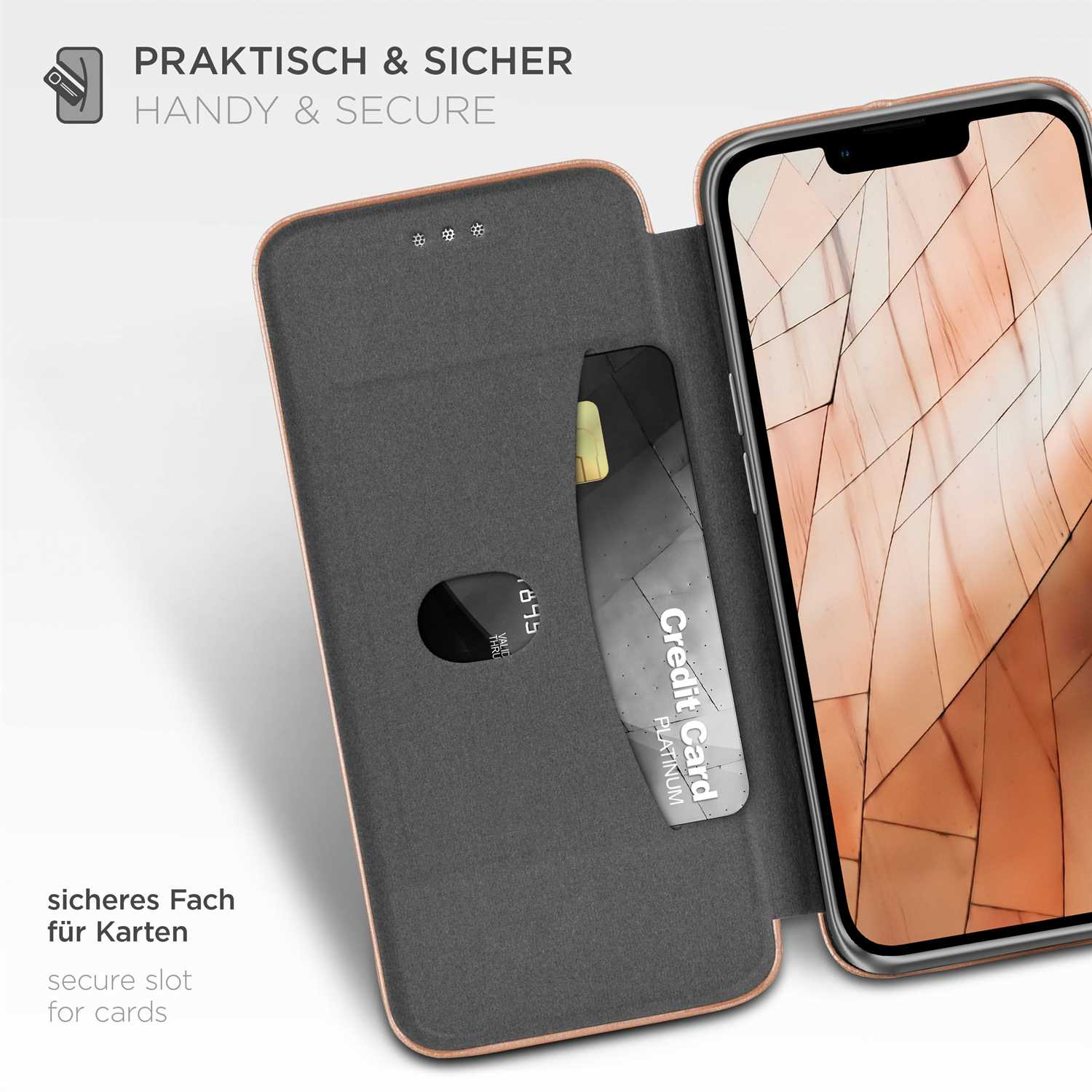 Handyhülle mit Kreditkarte im Schlitz. Grau-Braun-Farbschema. Telefon ist sichtbar.