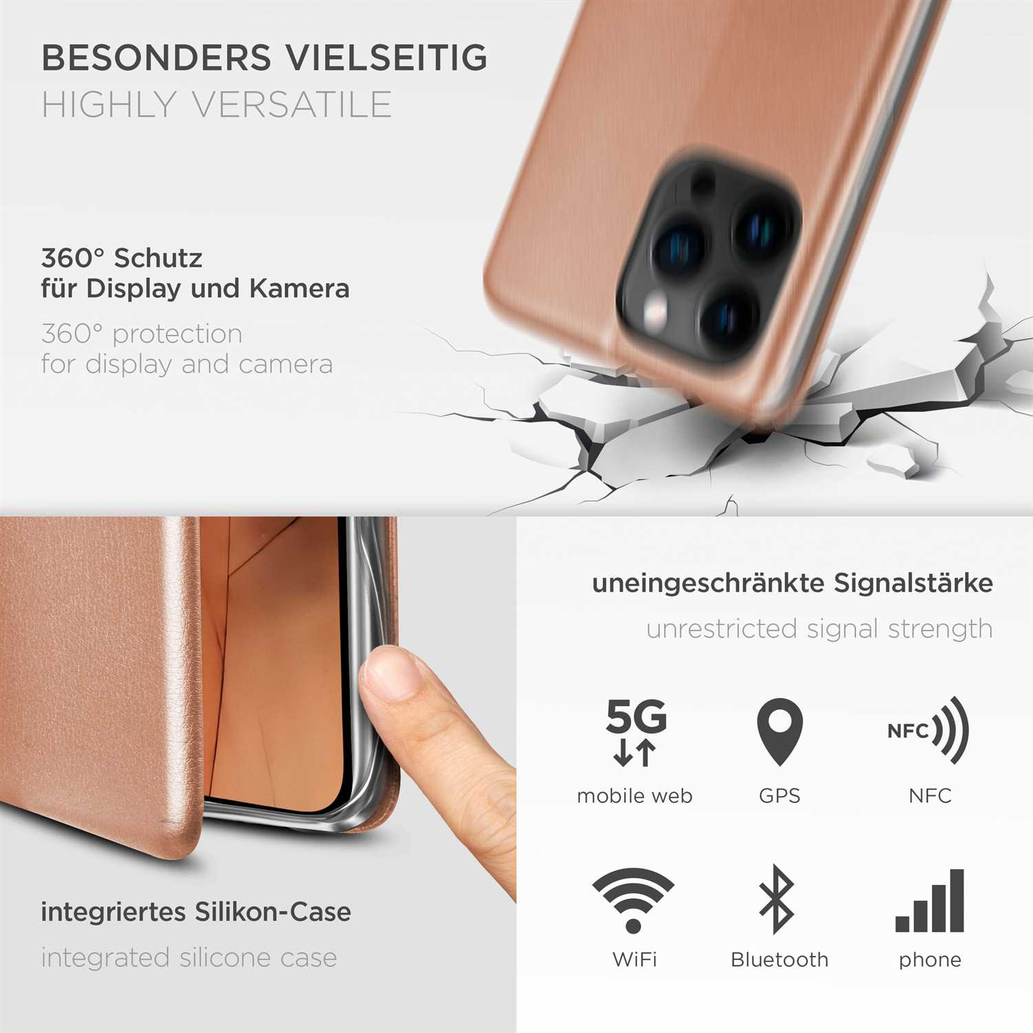 Handyhülle mit Werbetext und verschiedenen Symbolen der Mobilfunktechnologie.