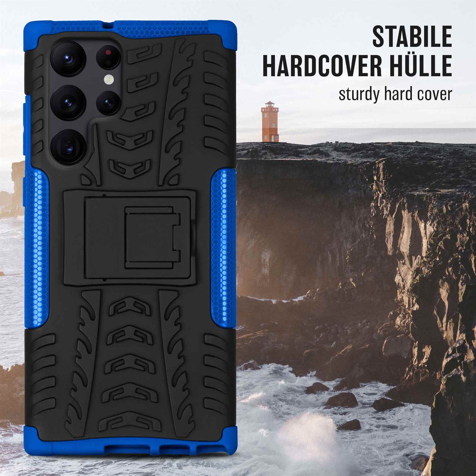 Schwarze und blaue Handyhülle auf einem Telefon. Ein Leuchtturm ist im Hintergrund.