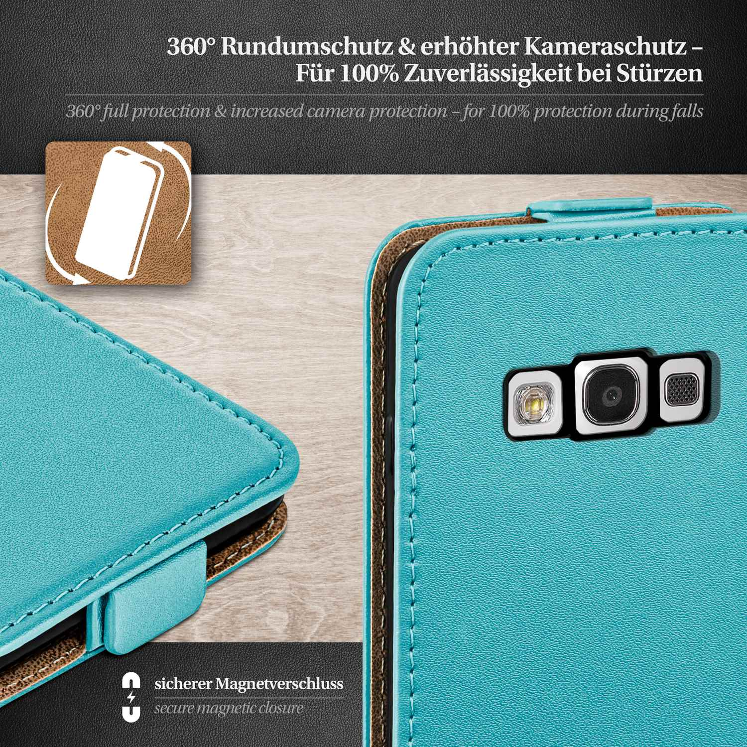 Handyhülle mit blauem Leder, zeigt die Kamera und einen sicheren Magnetverschluss.