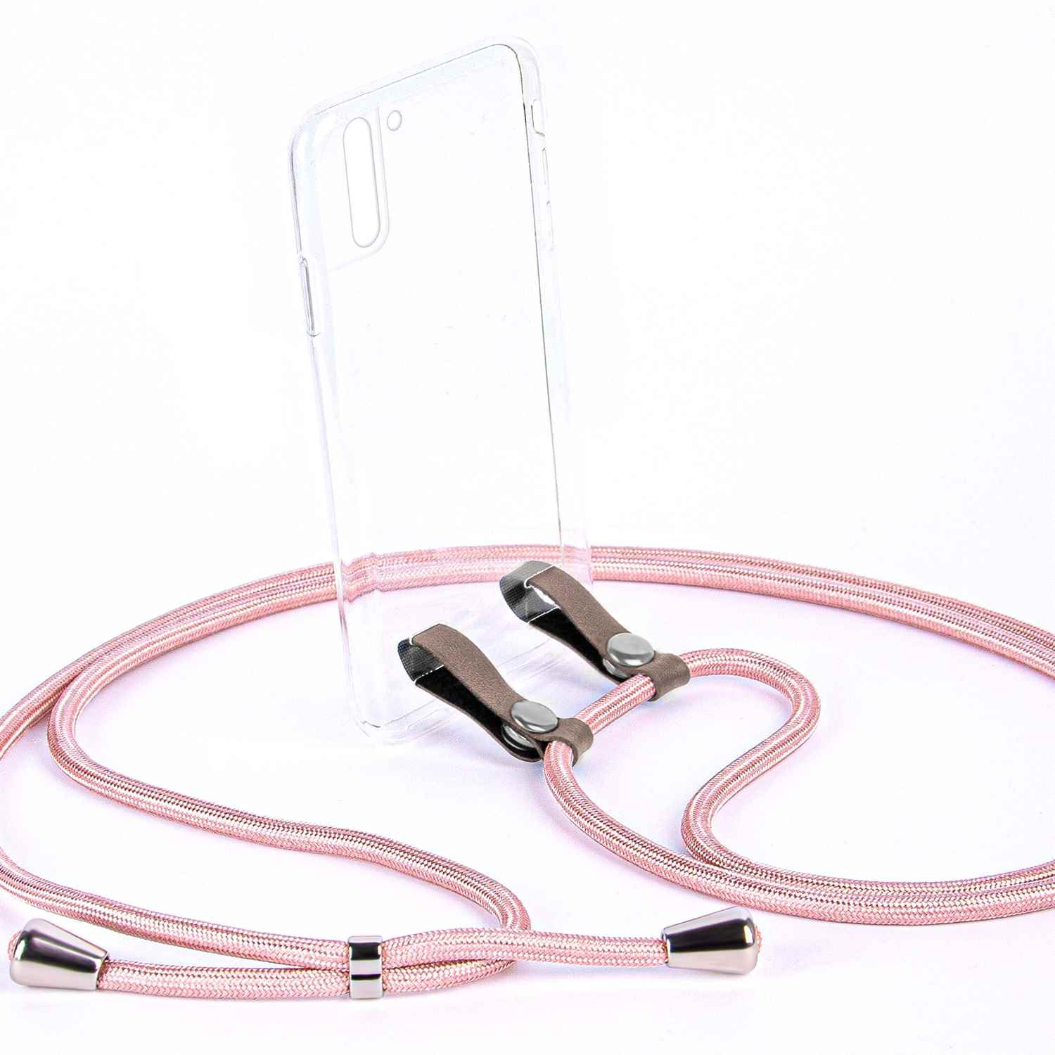 Transparente Handyhülle mit rosa Lanyard und silberfarbener Metallhardware, auf weißem Grund.