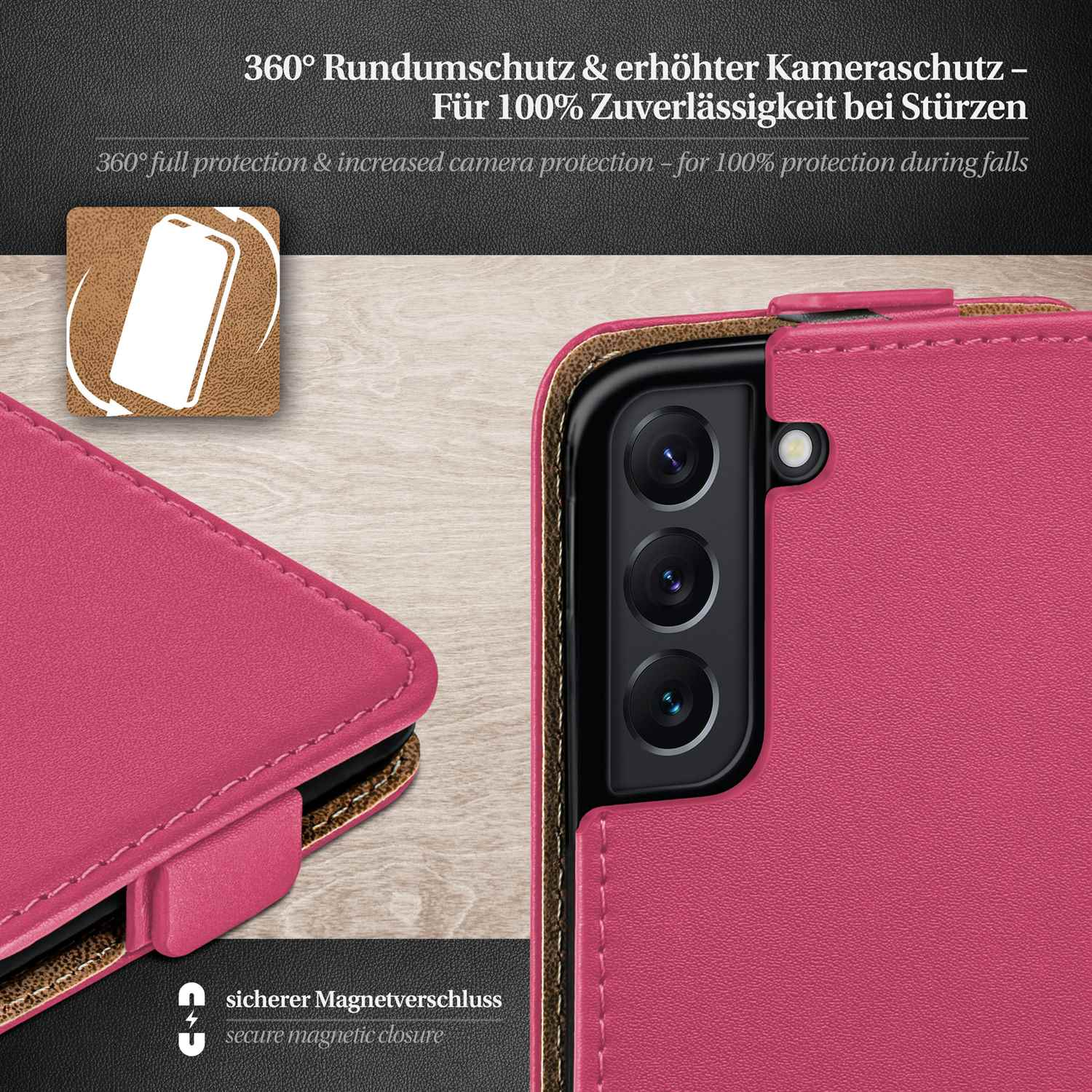 Rosa Handyhülle mit einem sichtbaren Telefon. Zeigt einen Magnetverschluss und Text.