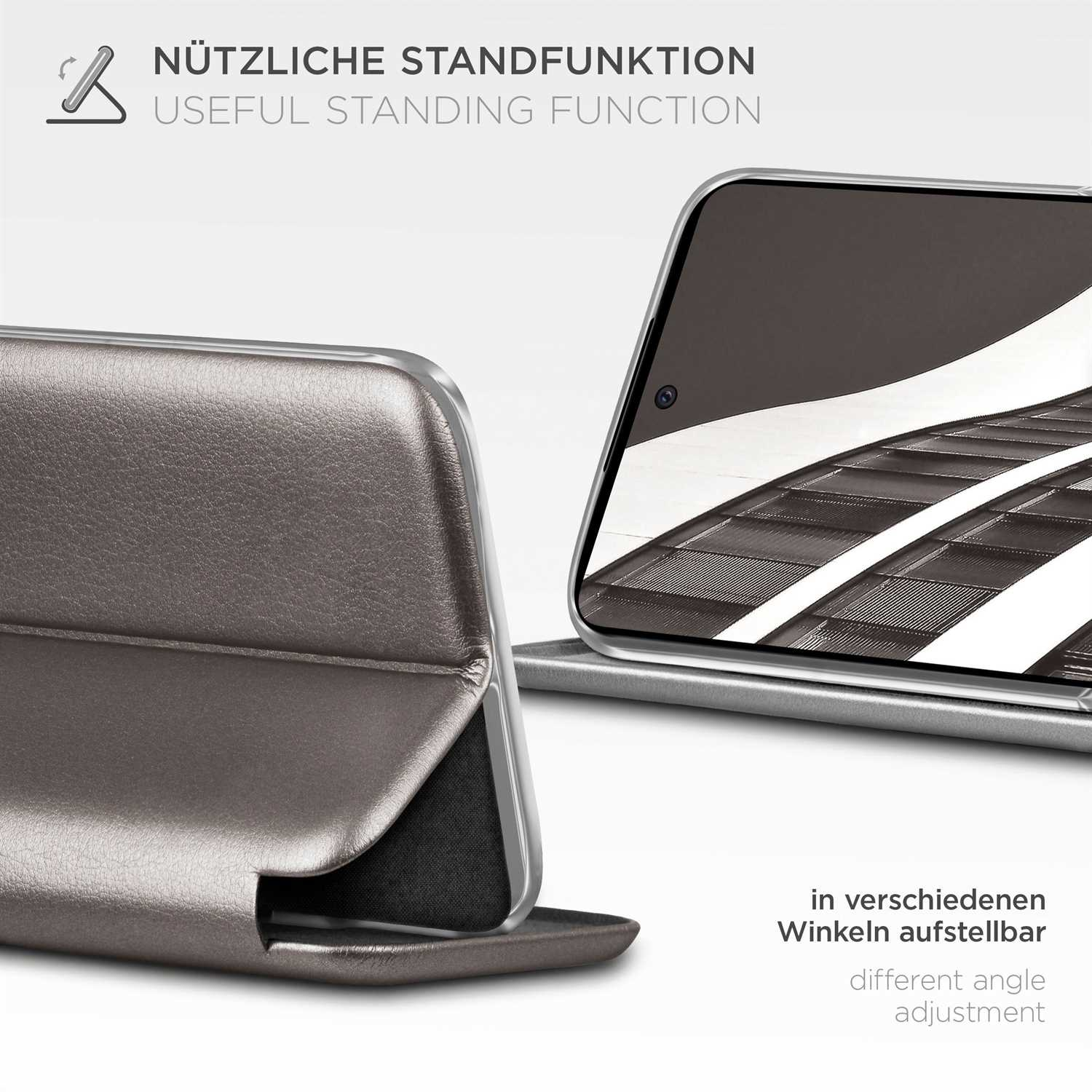 Eine Handyhülle mit Ständerfunktion. Das Telefon kann in verschiedenen Winkeln aufgestellt werden.